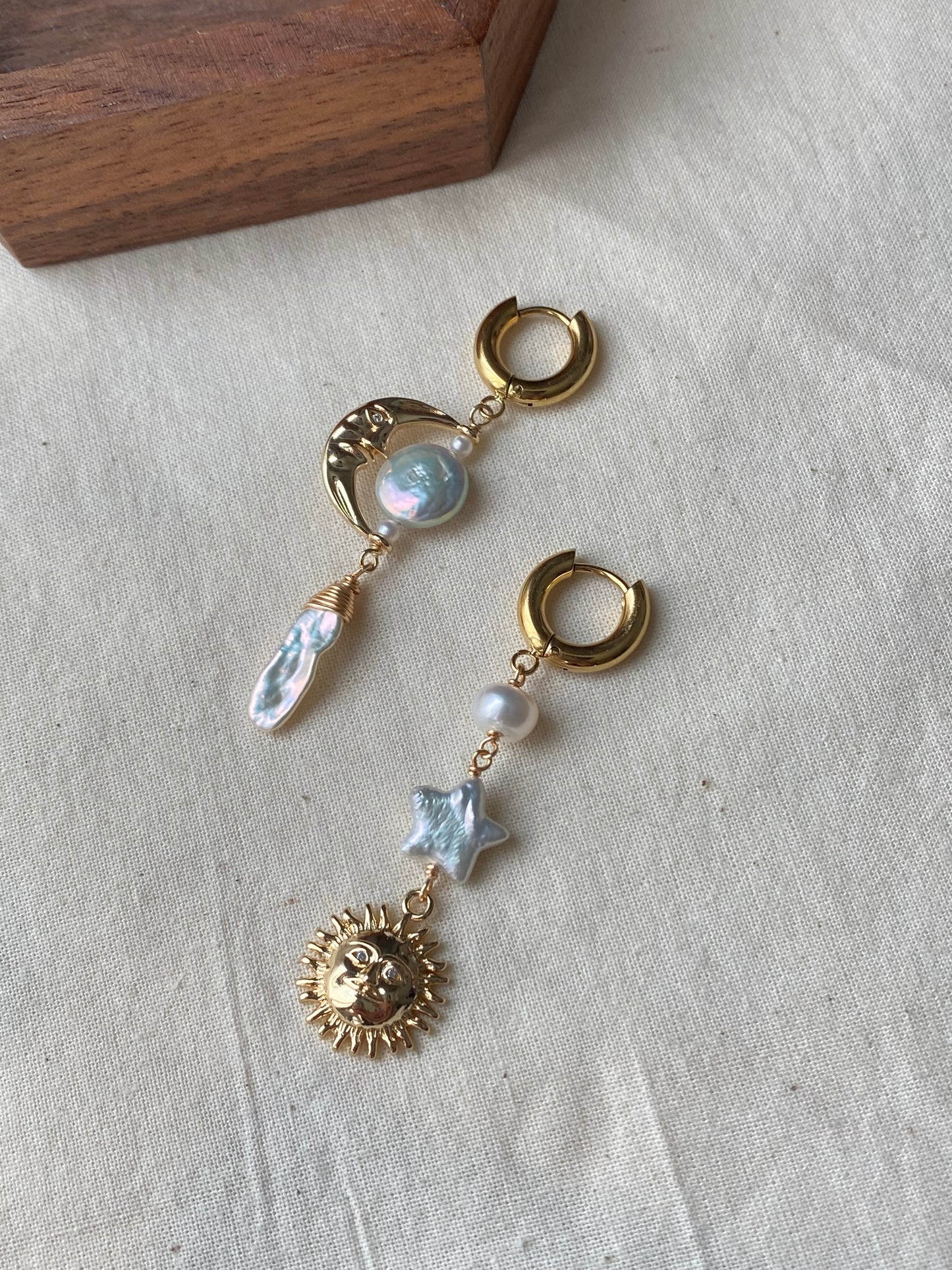 Sun Moon Baroque Pearl Asymmetrical Earrings Freshwater Pearl Earrings Celestial Jewelry Handmade Fairycore Bridesmaid Gift for Her