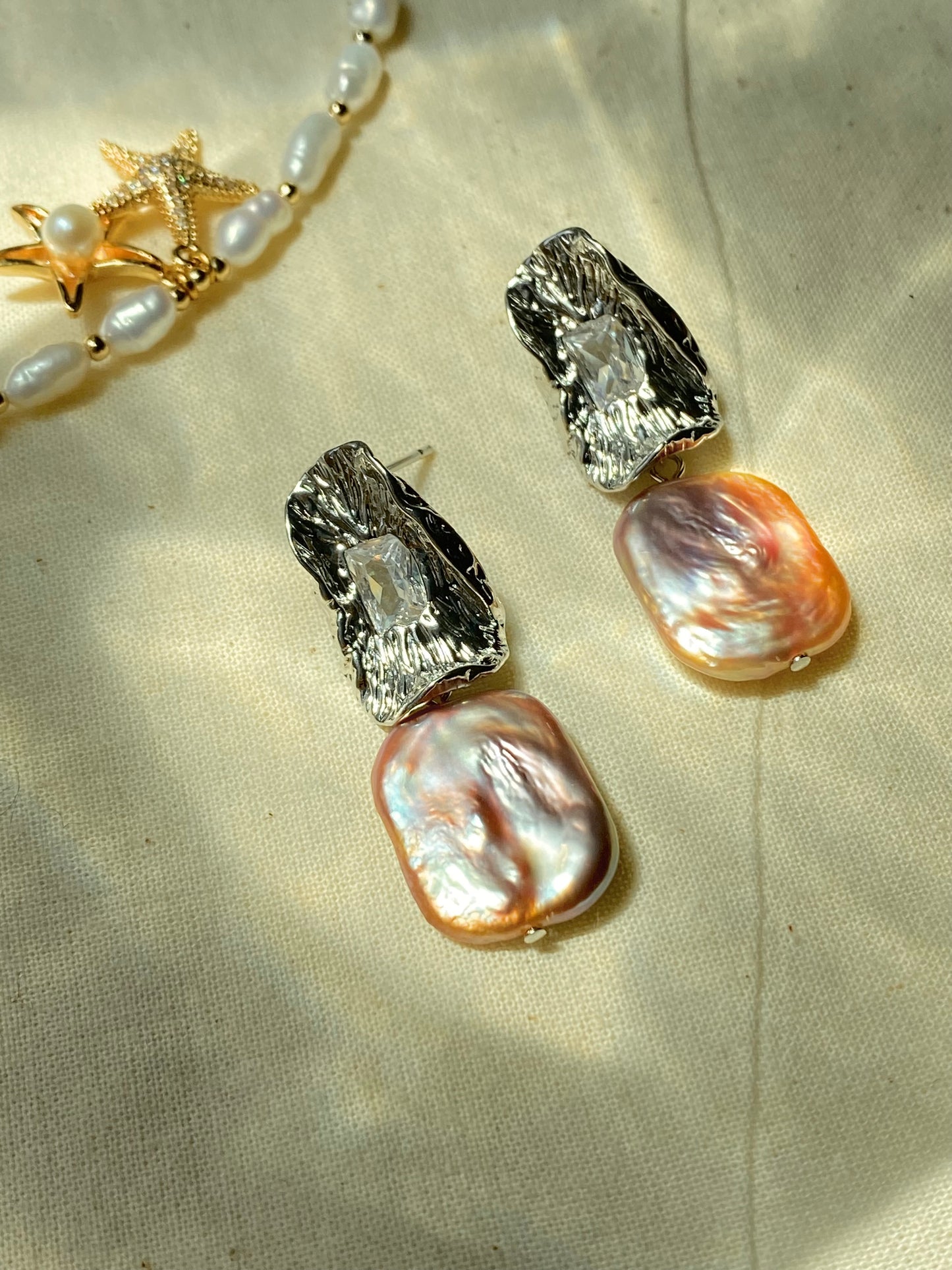 Asymmetrical Baroque Pearl Earrings Iridescent Rectangle Pearls Textured Silver Studs Minimalist Statement earring gift for her
