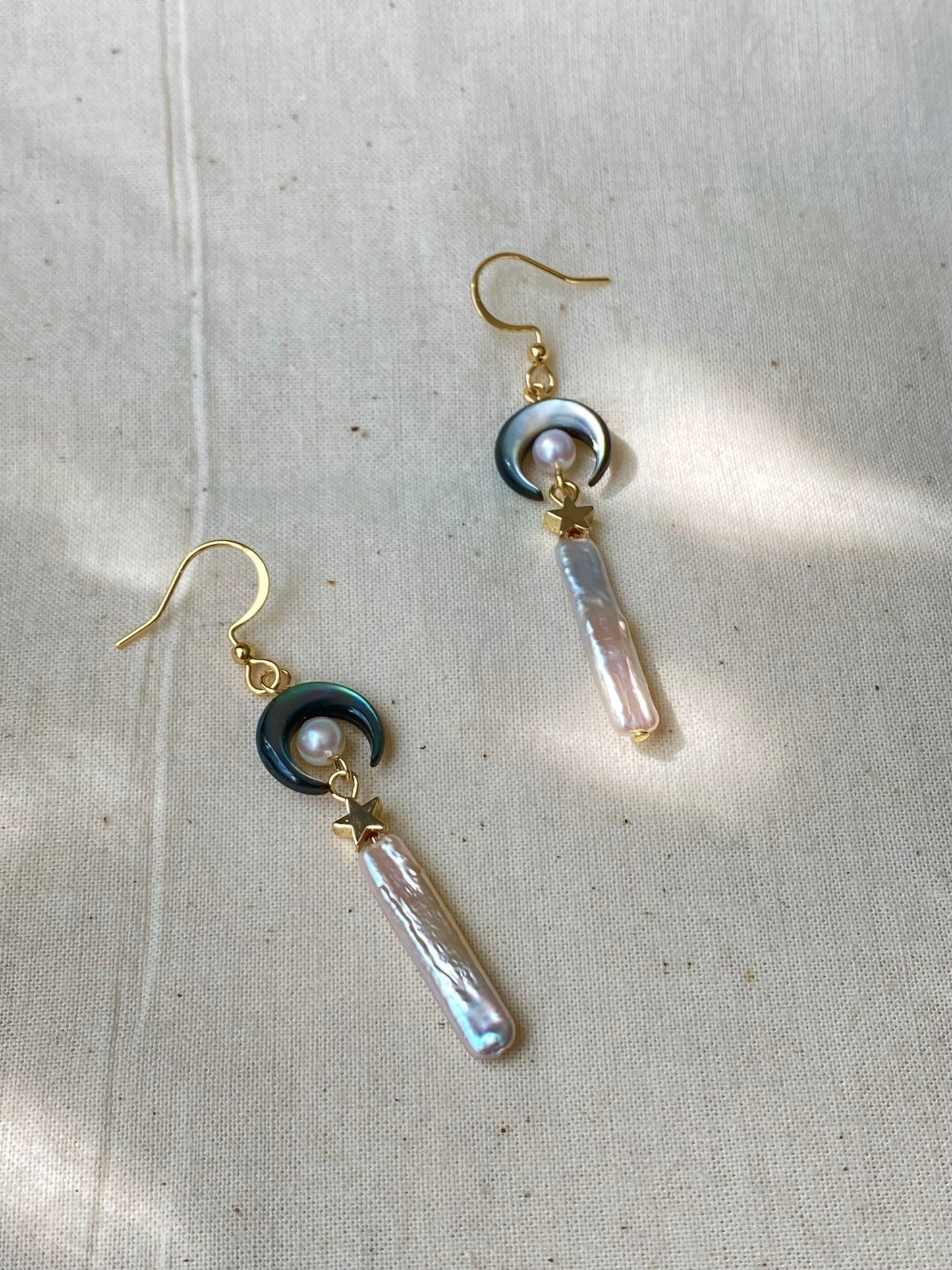 Moon Mother-of-Pearl and Baroque Stick Pearl Earrings – Celestial Mythology Dangle Earrings – Handmade Star and Crescent Moon Jewelry
