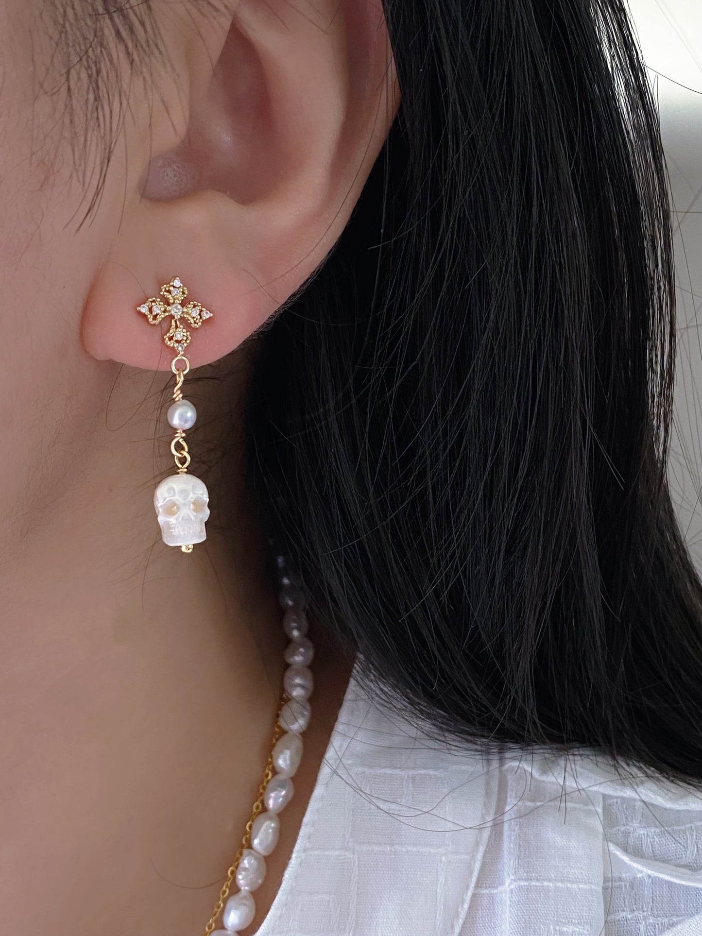 Gothic Hand carving Skull Pearl Earrings Cross Dangle Earrings Baroque Pearl stud earring Halloween earring Statement Earrings gift for her