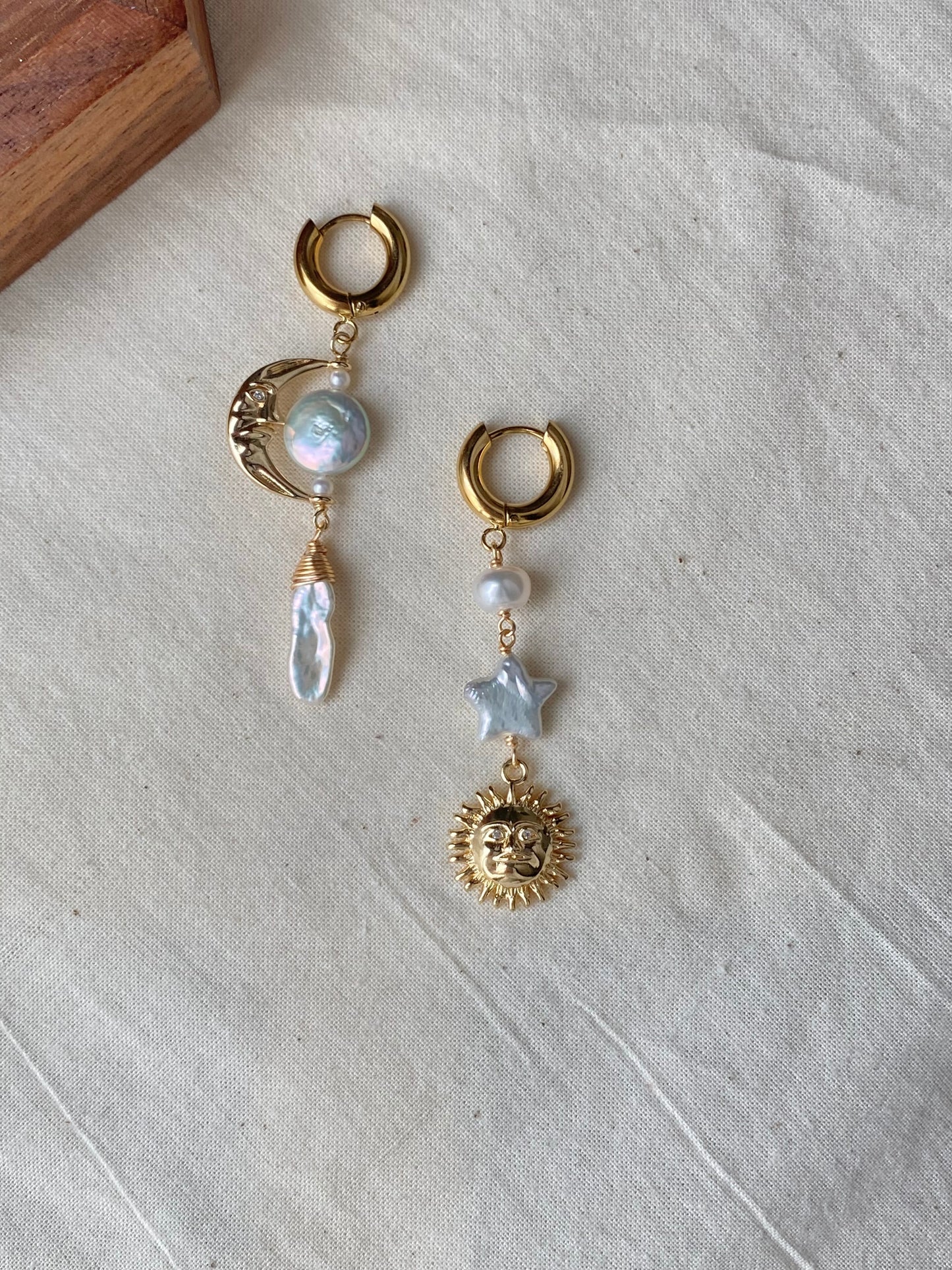 Sun Moon Baroque Pearl Asymmetrical Earrings Freshwater Pearl Earrings Celestial Jewelry Handmade Fairycore Bridesmaid Gift for Her