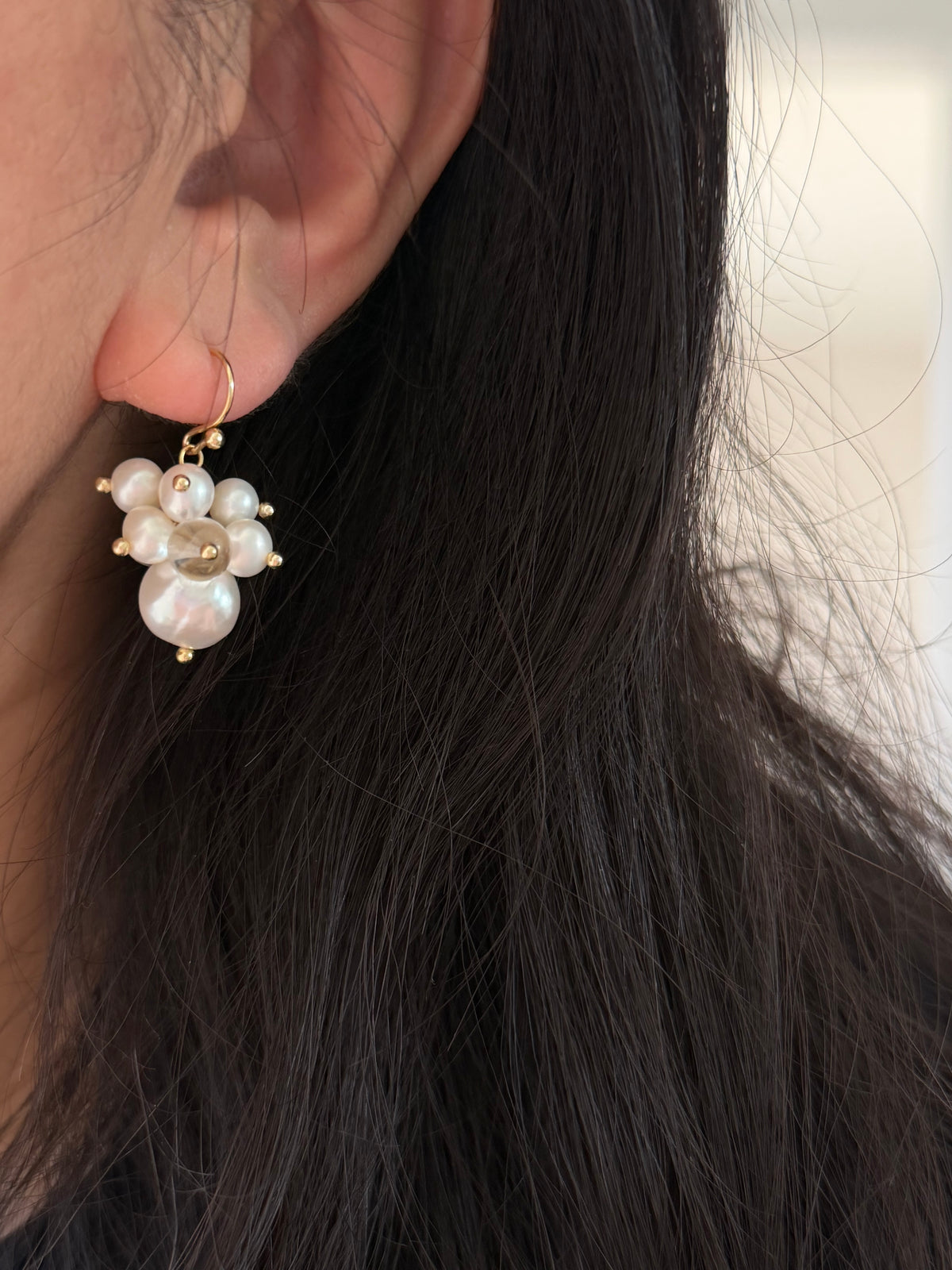 Clear Quartz & Baroque Pearl Bubble Cluster Earrings – 14k Gold Filled