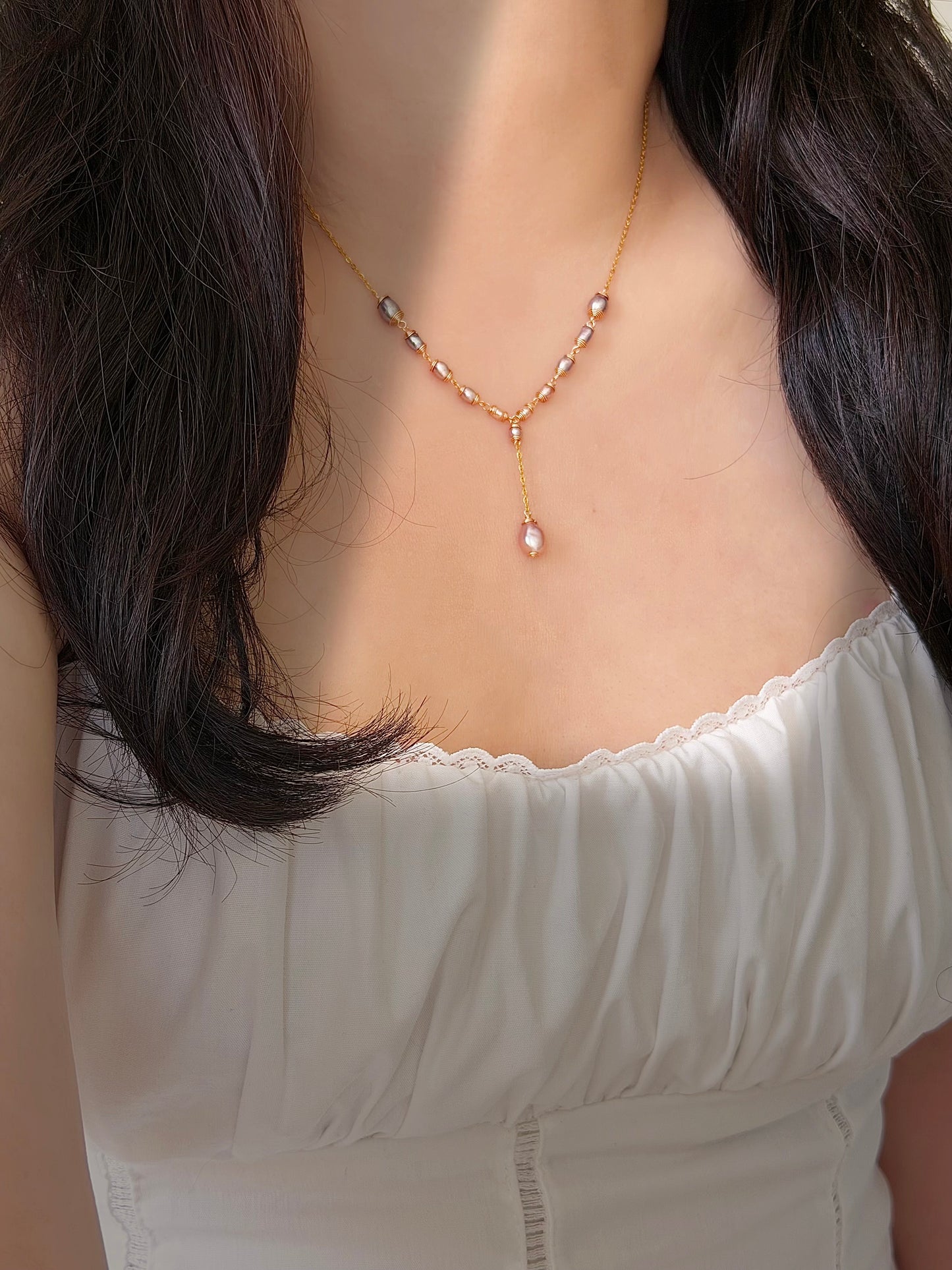 Mira Gradient Freshwater keshi Pearl Necklace, Minimalist Y Shape Pearl Pendant, Vintage Pearl Drop Choker wire Dangle Necklace