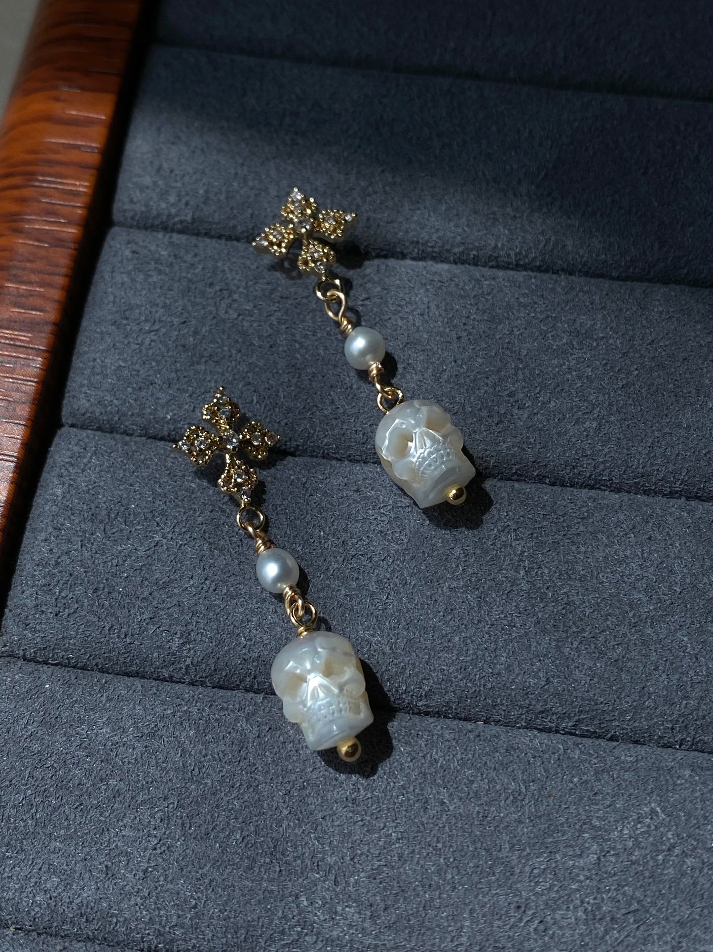 Gothic Hand carving Skull Pearl Earrings Cross Dangle Earrings Baroque Pearl stud earring Halloween earring Statement Earrings gift for her