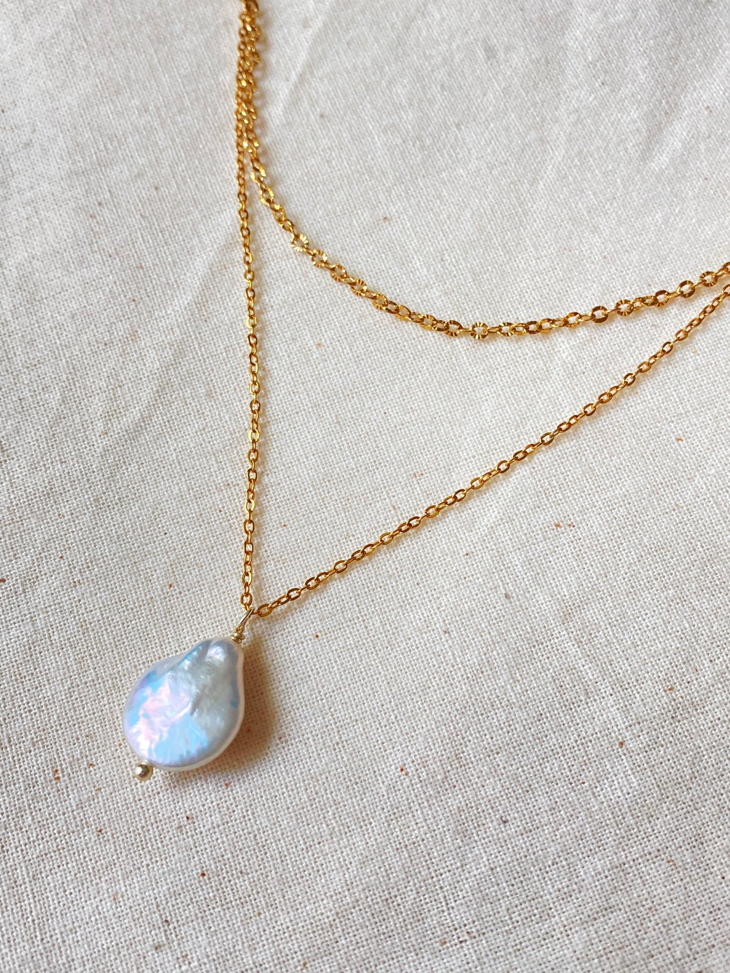 Double Layered Baroque Pearl Pendant Necklace – Elegant 18K Gold-Plated Chain