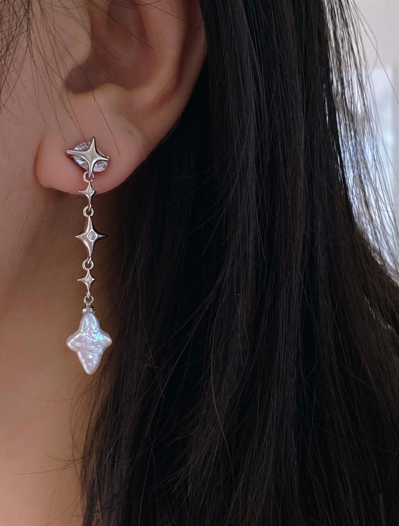 Dainty elegant Dreamworld Baroque cross star Pearl Drop Earring Gold Filled dangle stud earrings
