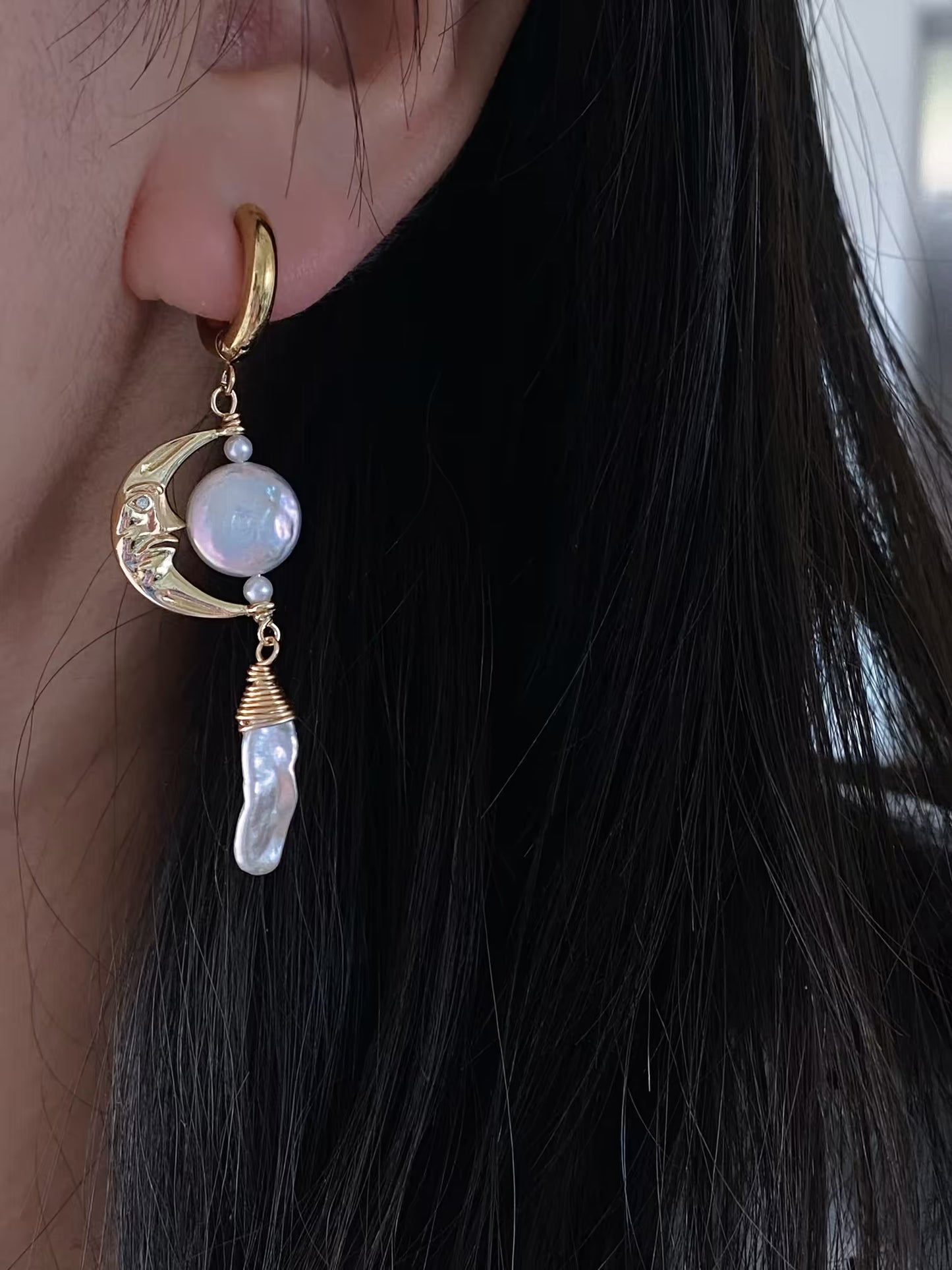 Handmade Natural Baroque Pearl Earrings - Celestial Sun Moon Star