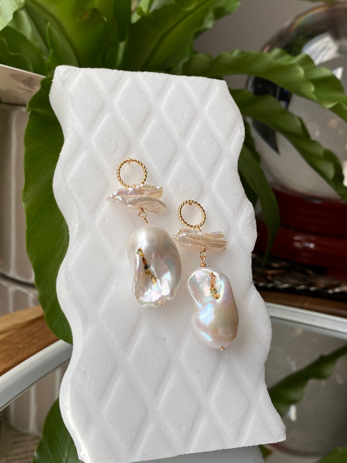 Bright Iridescent Big Baroque flame ball, fish tail baroque,rainbow luster dangle drop earring,gift for her,christmas gift