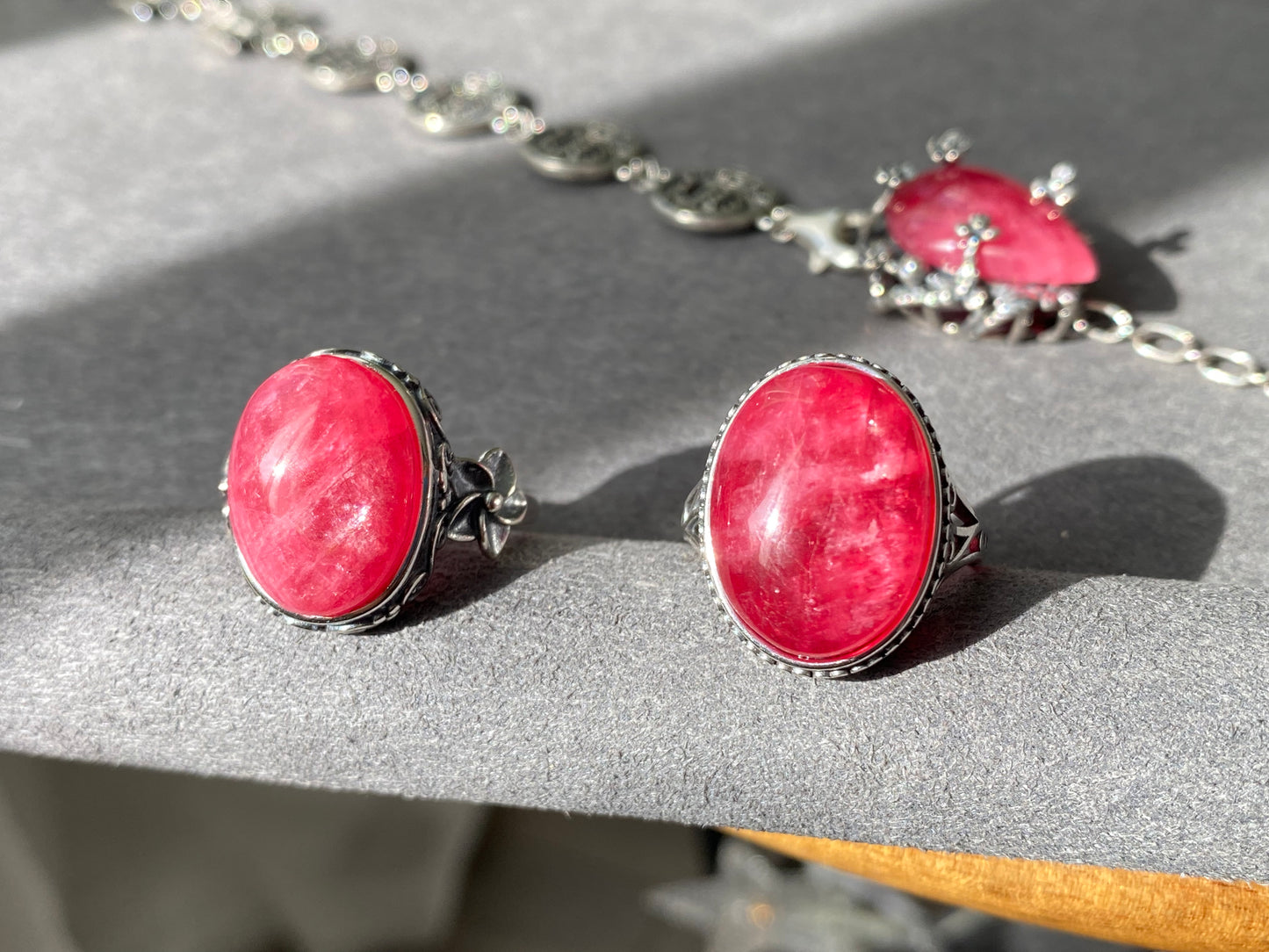 Top Grade Rare Natural Red Rhodonite Cat eye Fire Sterling Silver S925 Statement Ring Birthday Aniversary gift