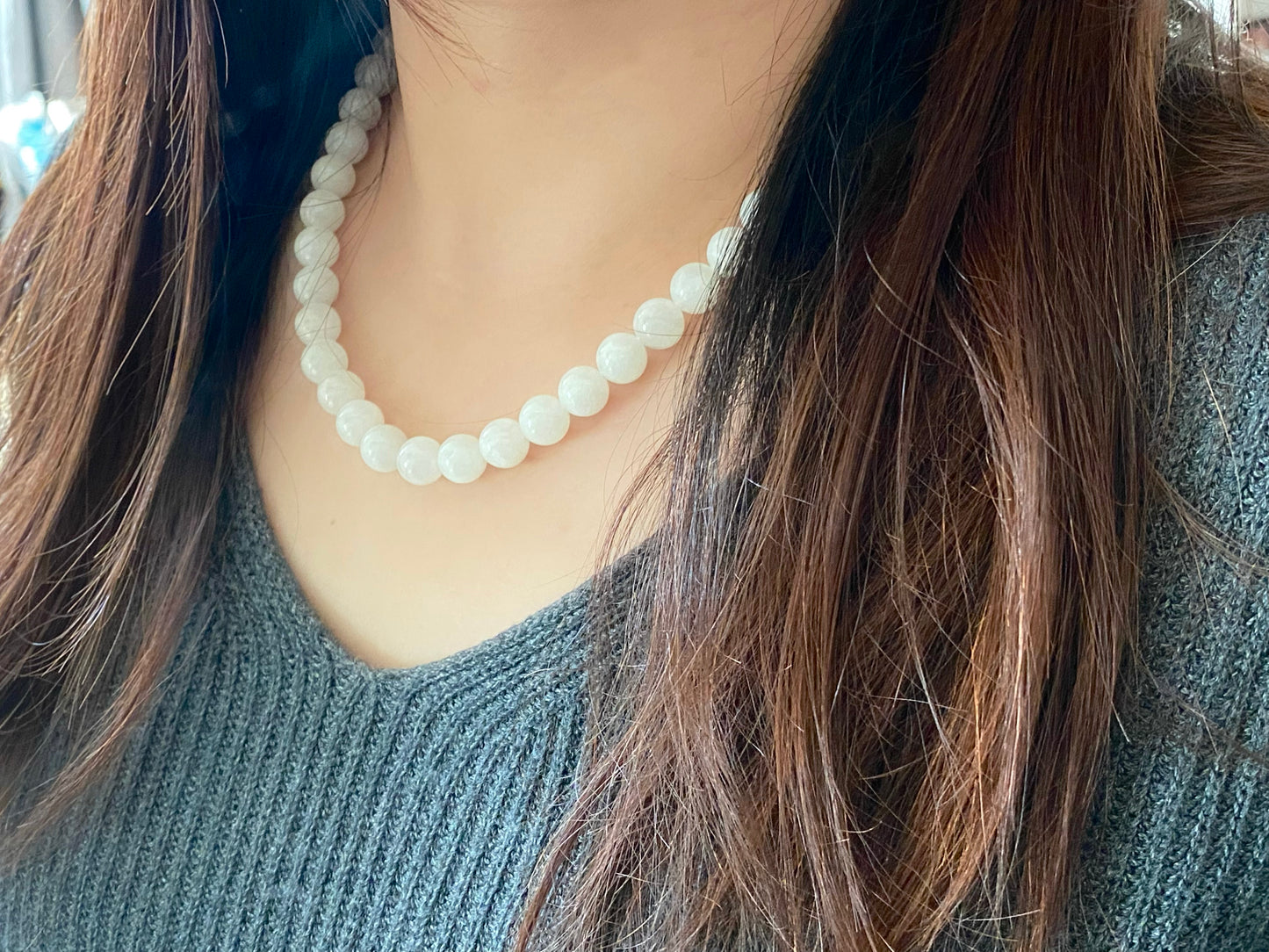 Make Friend Price Authentic Natural Hetian White Jade Round bead White Nephrite Nacklace 10mm Best Gift for her,gift for Mom