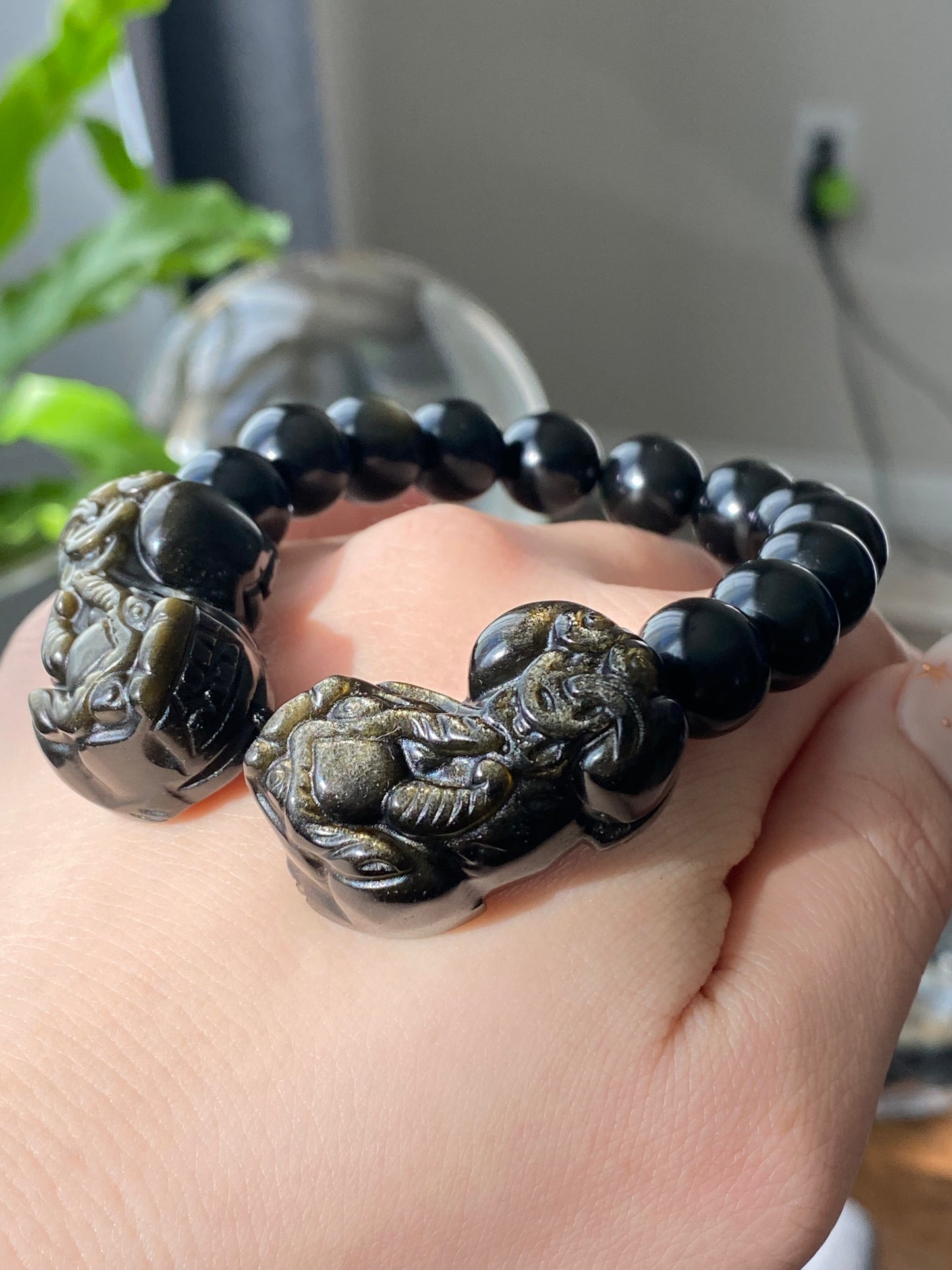 High Rare Grade Natural Golden Obsidian with Hand Craved Pixiu,Brave Troops Charm Bead bracelet, gift for him
