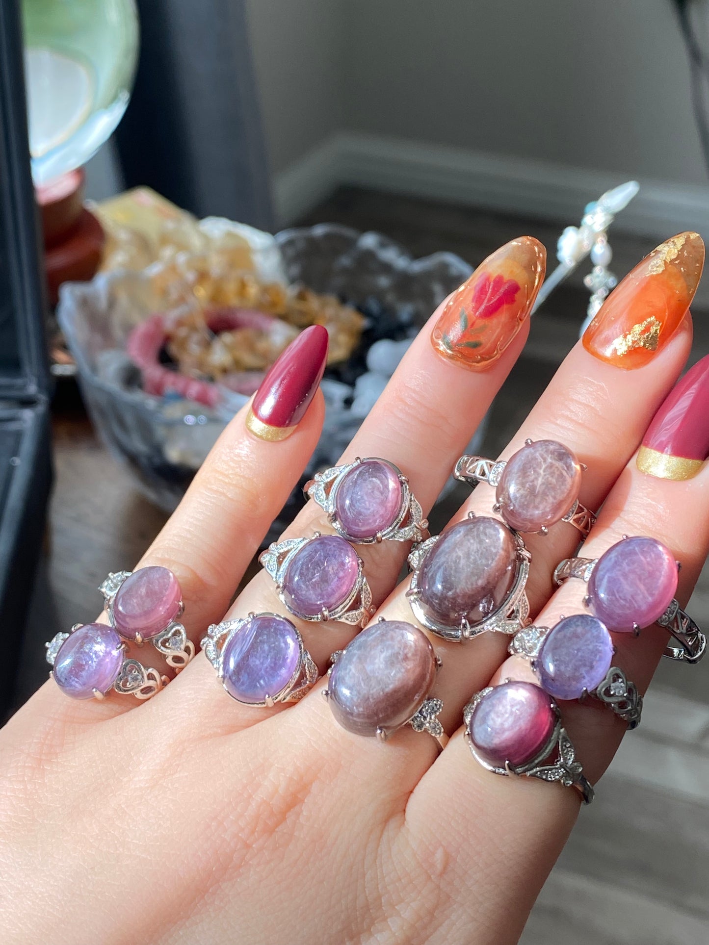 Natural Purple Lepidolite Vintage style Oval shape Adjustable Ring