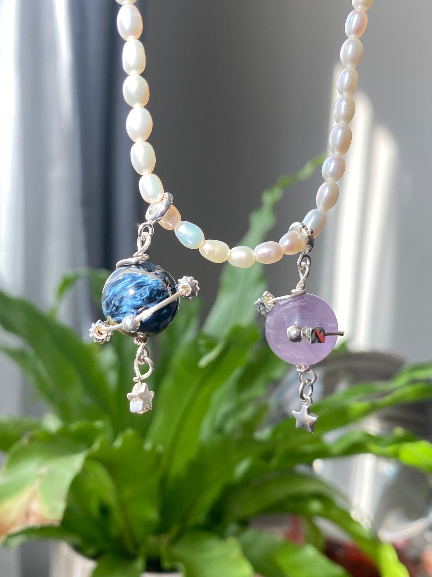 Natural Light purple Amethyst Star 14K white gold wire Space planet Removable Earring Pendant
