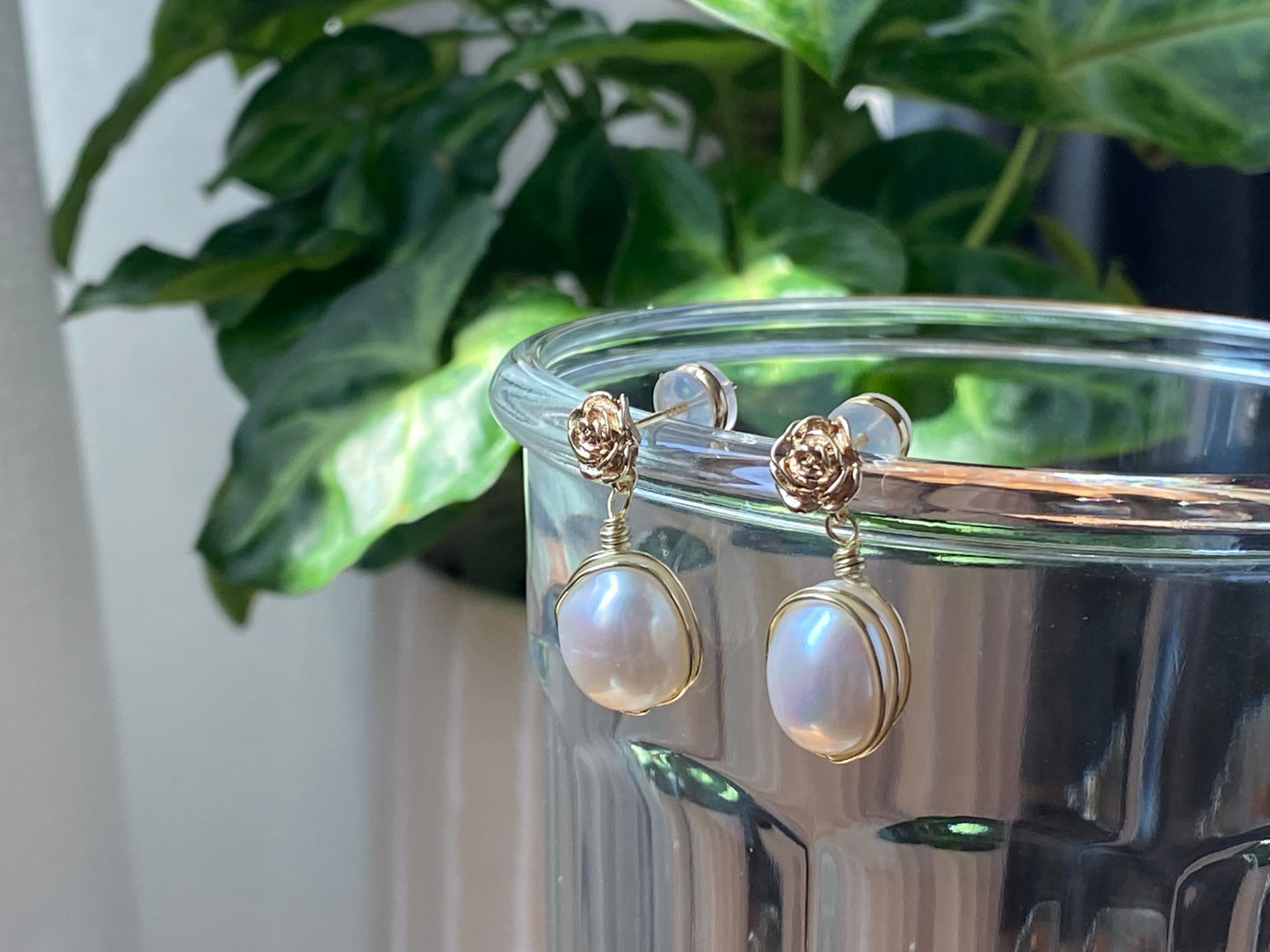 14k gold rose pearl drop earring