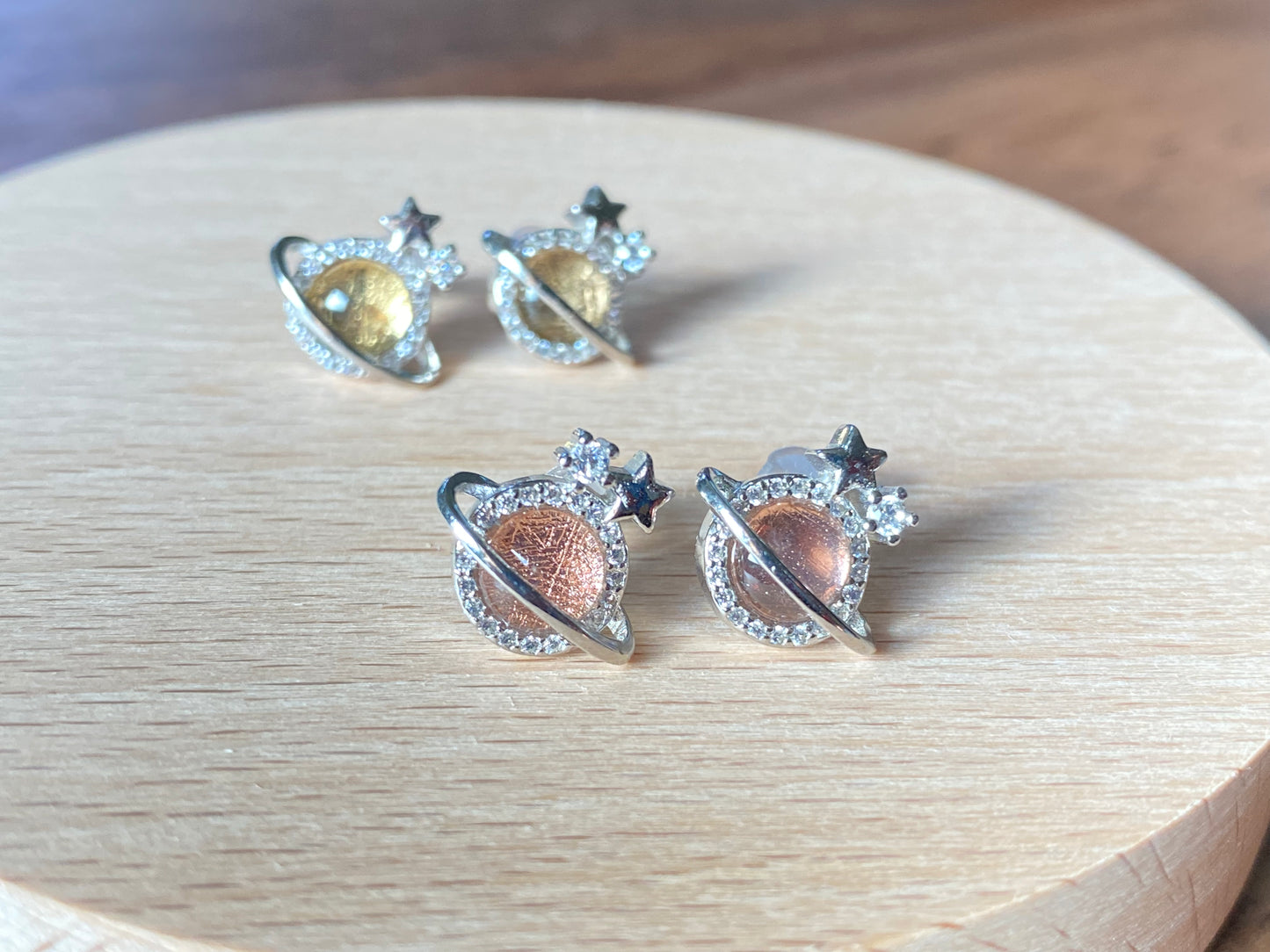 Gibeon Meterite Gold color Rose Gold Planet shape Sterling silver zircon earings, gift for her