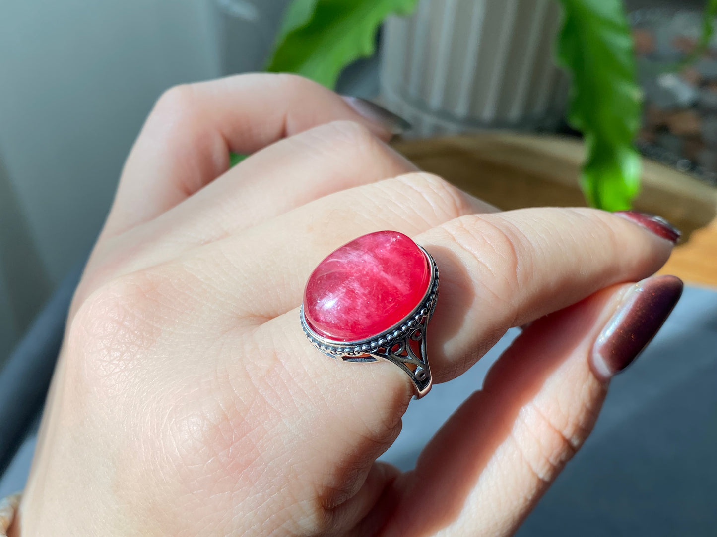 Top Grade Rare Natural Red Rhodonite Cat eye Fire Sterling Silver S925 Statement Ring Birthday Aniversary gift