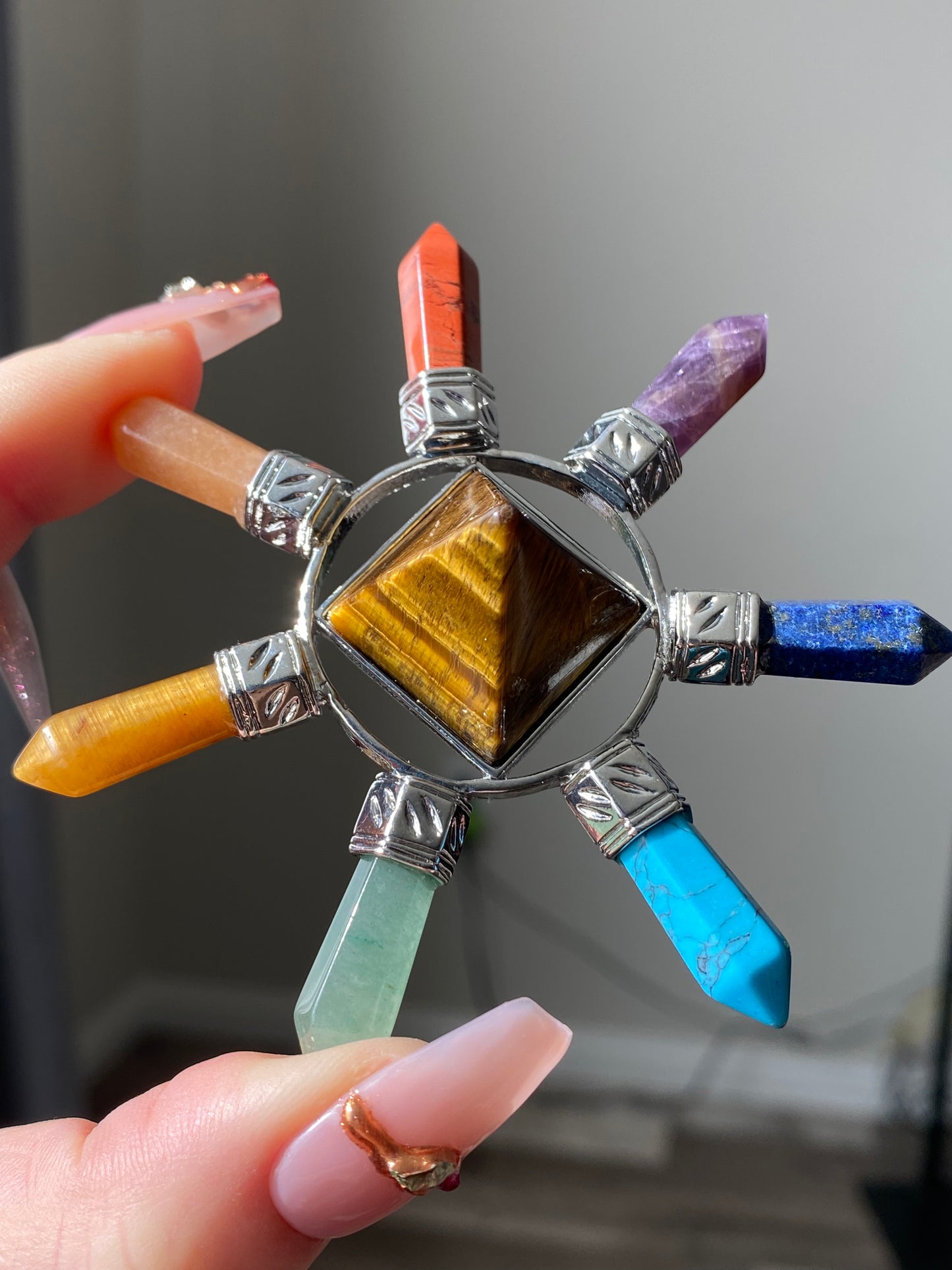 Energy Generator with seven kind Quartz, Tiger eye,Turquoise,Amethyst gemstone Orgonite Pyramid Reiki Chakra Healing Gift,EMF Protection
