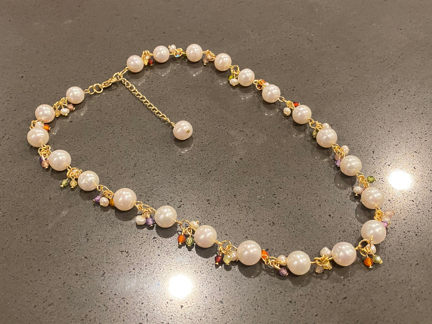 Natural Freshwater Pearl White round 8-9MM Baroque Pearls with rainbow colorful facted Crystal 14K gold Necklace