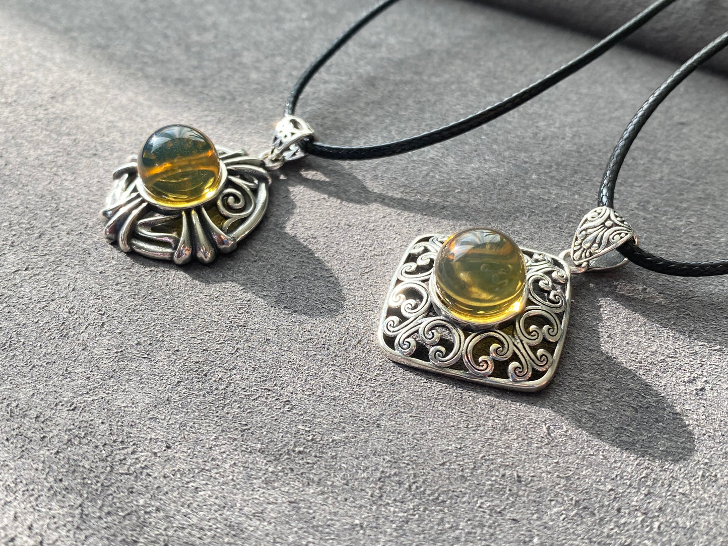 Genuine Natural Dominican Amber High Rare Grade Smooth Round Sterling silver setting, Victorian Chrome Hearts Mid-century Style Necklace