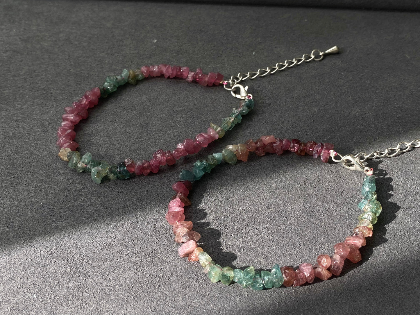 Natural watermelon Multi-color Raw Tourmaline rock Gemstone Sterling silver Bead Bracelet ,gift for her