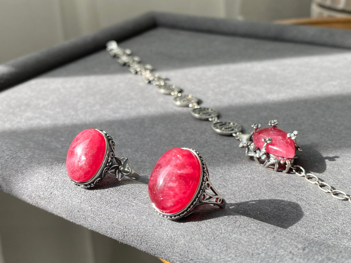 Top Grade Rare Natural Red Rhodonite Cat eye Fire Sterling Silver S925 Statement Ring Birthday Aniversary gift