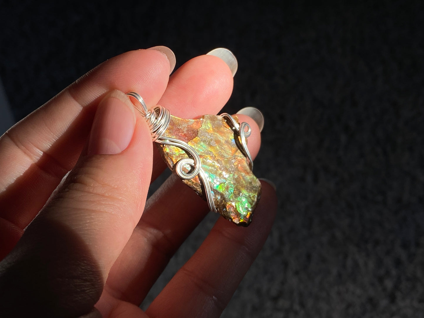 Natural raw Canadian Ammonite Freeform gemstone Pendant with 14k white gold wire