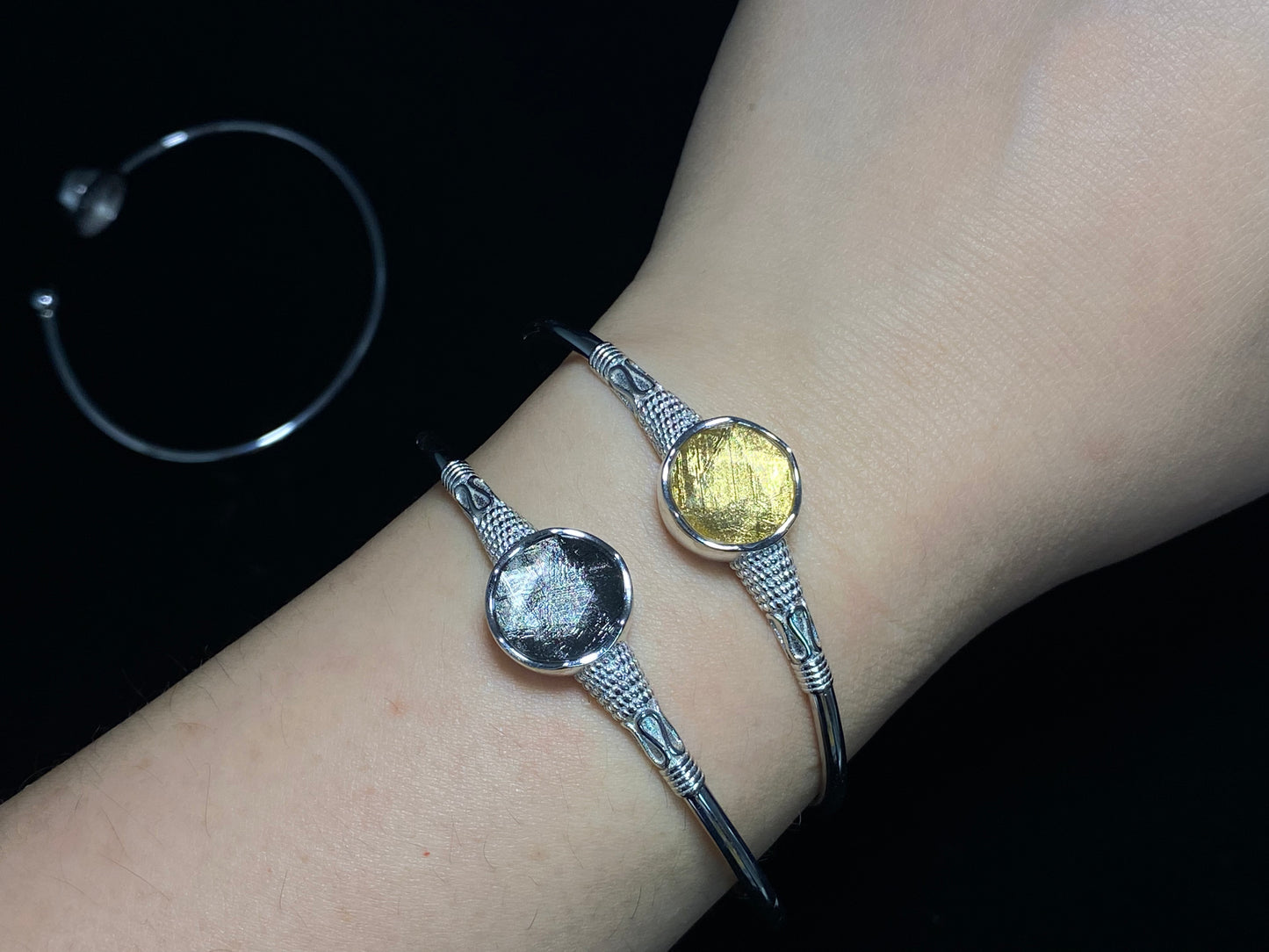 Gibeon Meterite Sterling silver Lucky clover star rotate adjustable bracelet bangle,Anniversary gift for her