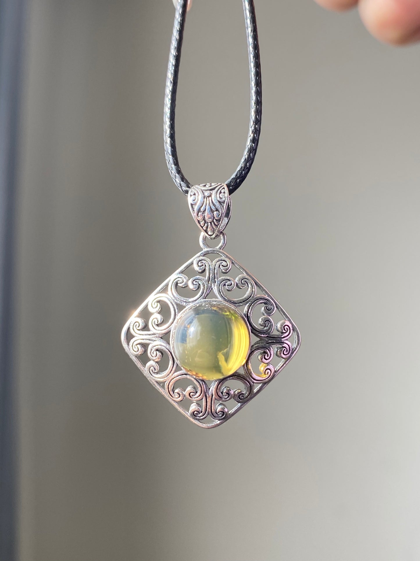 Genuine Natural Dominican Amber High Rare Grade Smooth Round Sterling silver setting, Victorian Chrome Hearts Mid-century Style Necklace