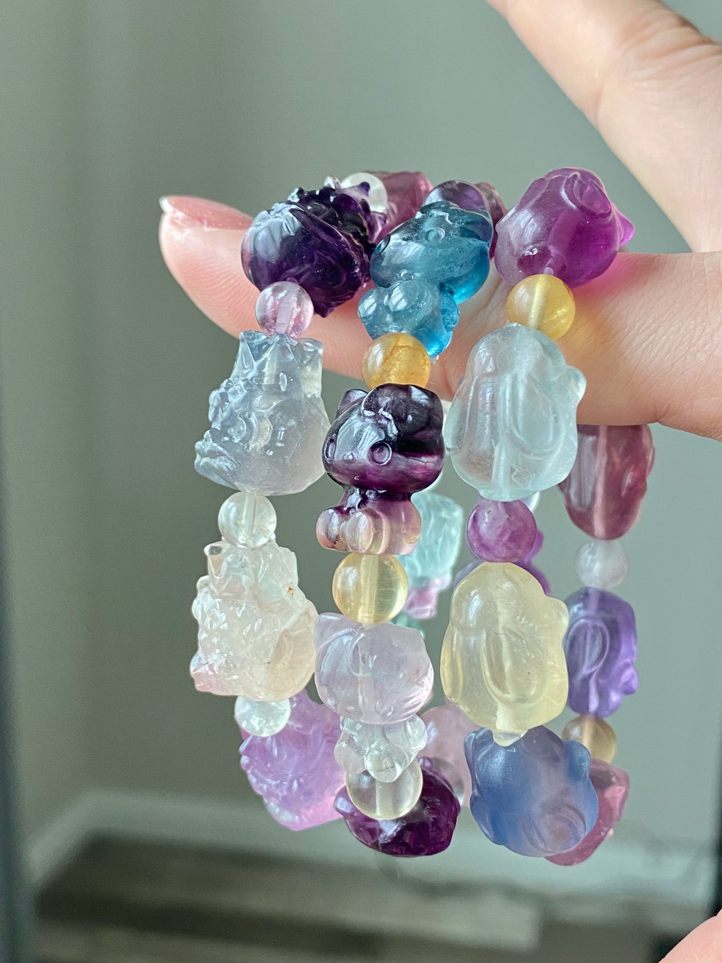 Natural Unicorn FLuorite Hand Carved Bunny Rabbit,hello kitty,lion head Beaded Bracelet, gift for her,Valentine's Gift,Friendship Bracelet