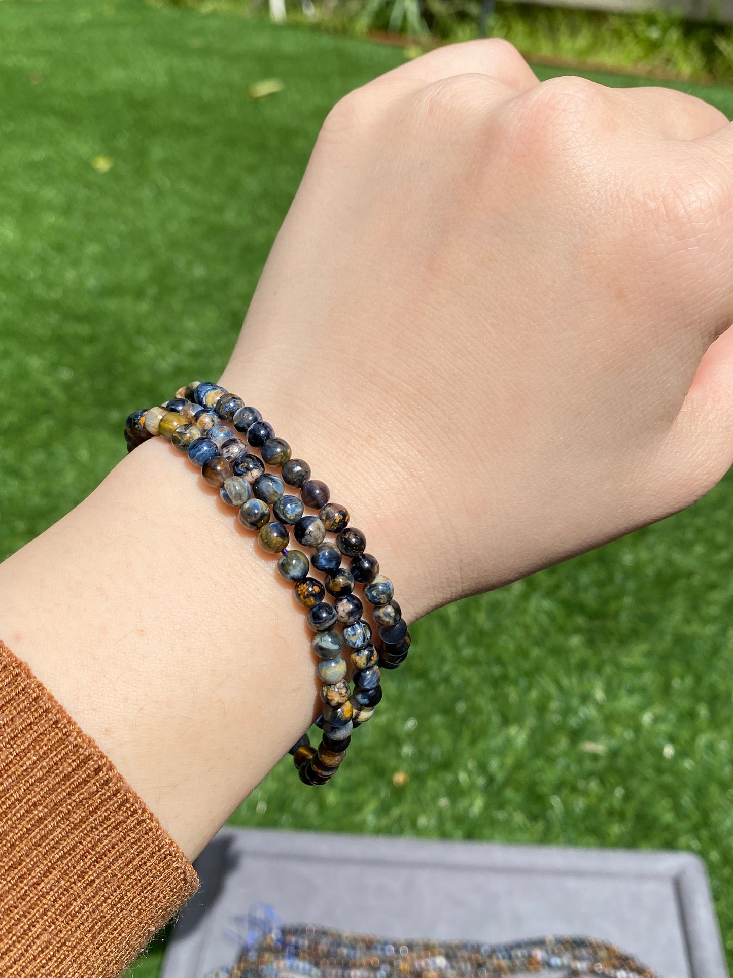 Rare High quality Natural High Grade Blue Pietersite flash lacy shinning round shape long bracelet /necklace 4mm+,gift for him