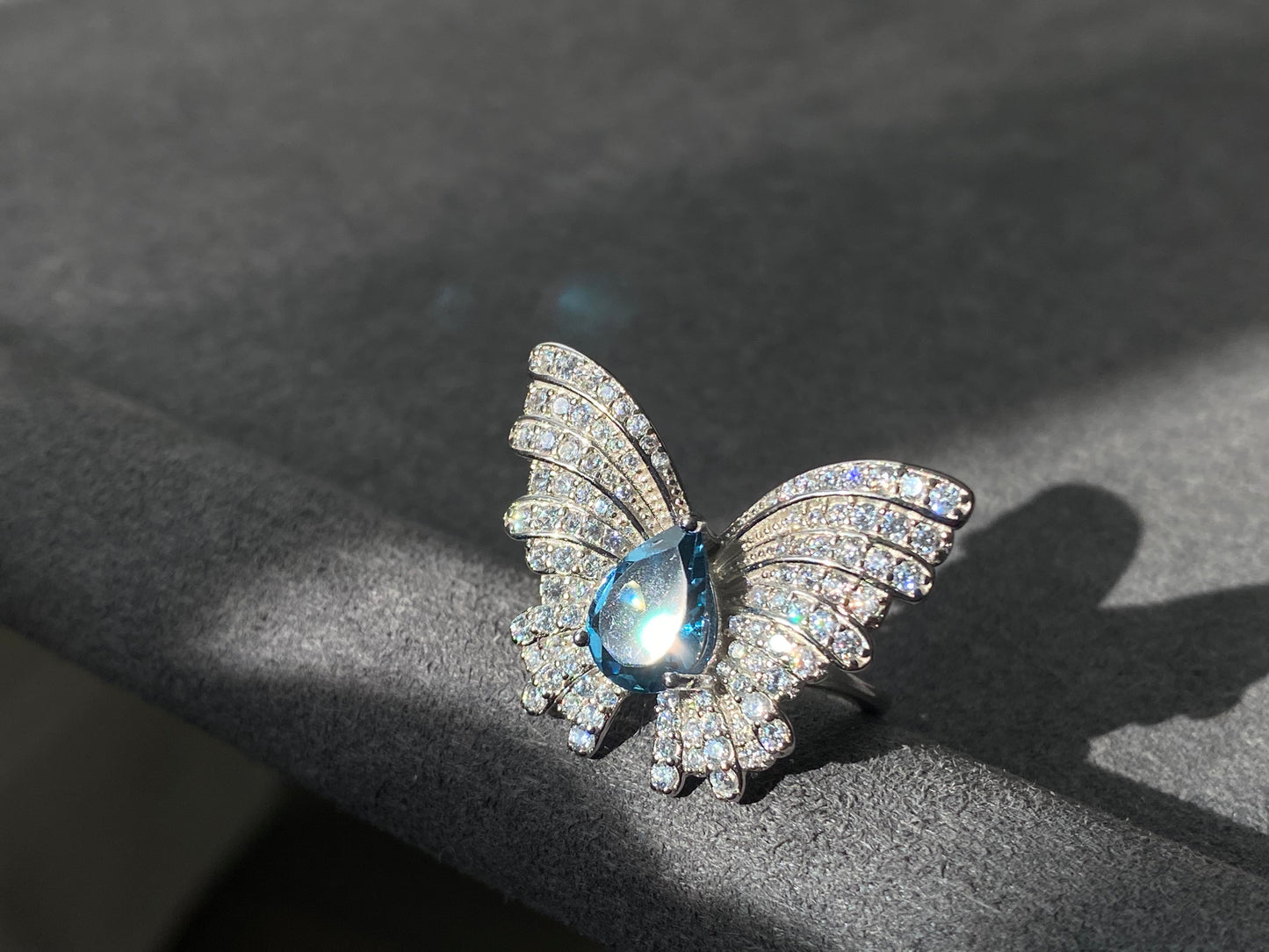 Natural London Royal Blue tea drop Topaz with Zircon Butterfly Queen Adjustable Ring,Bridesmaid Gifts,gift for her,Birthday Aniversary gift