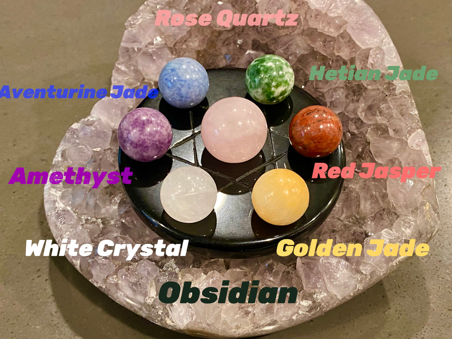 Natural Gemstone 7 Chakra Stones Healing Set with Obsidian Star of David Plate meditation Ornament Decoration
