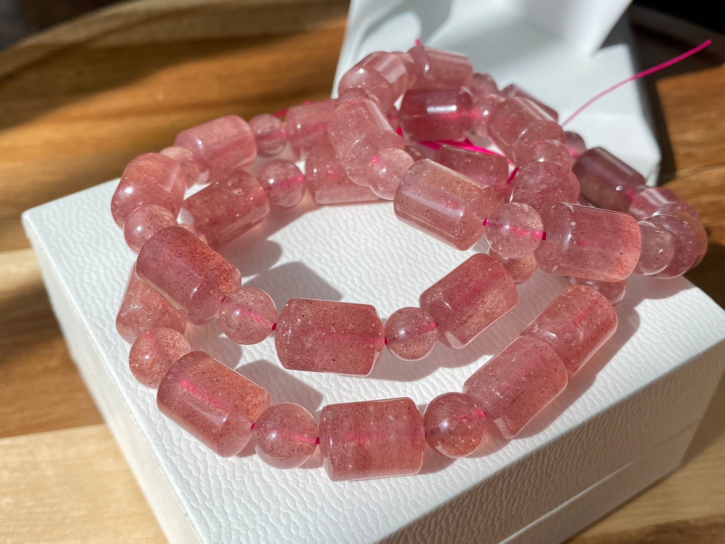 AAAA Grade Rainbow Fire Natural Strawberry quartz Barrel Round Bead bracelet Joy,healing crystal