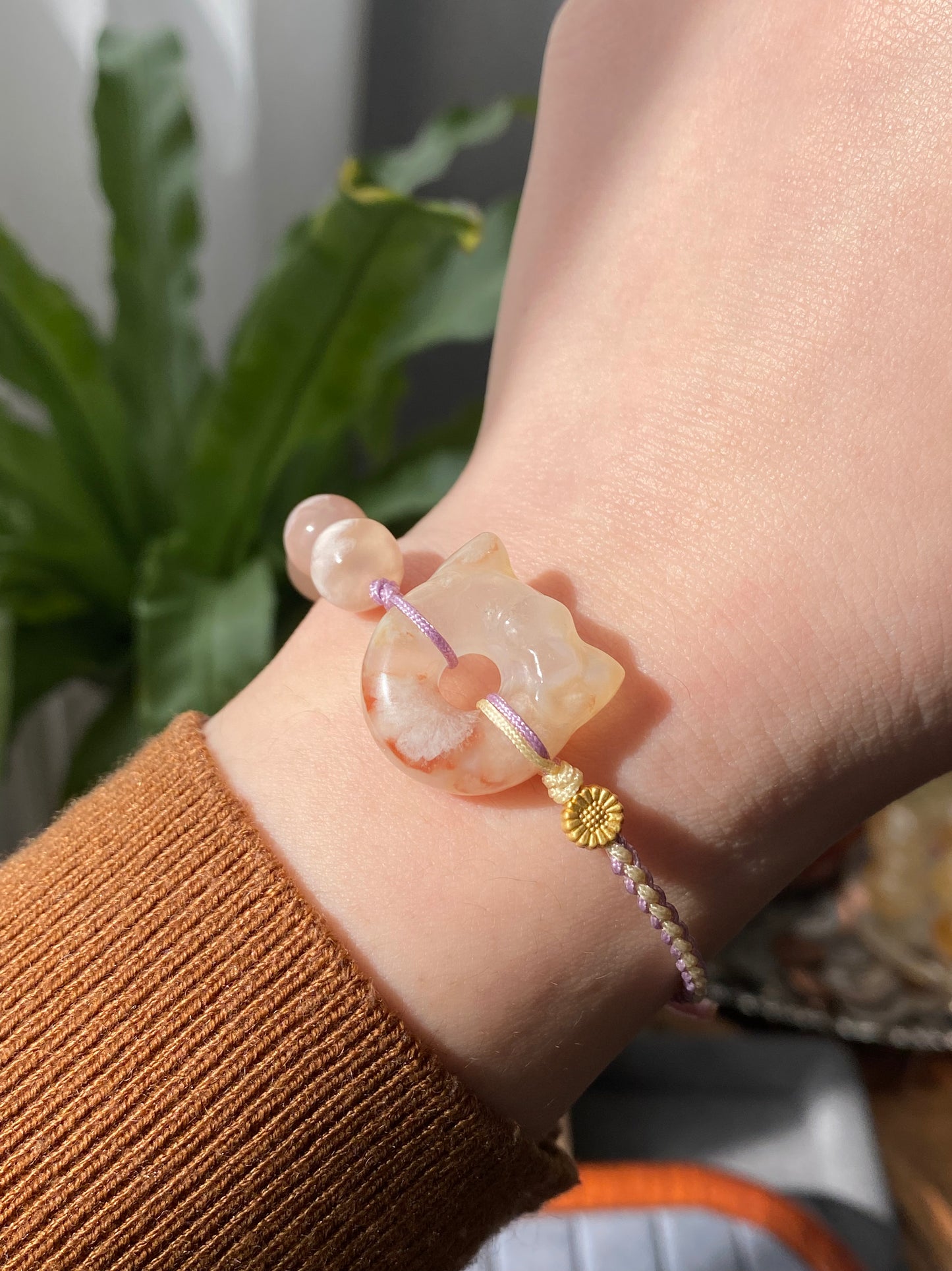 Natural Sakura Agate,cherry blossom agate hand carved hello kitty,star Donut ring braided rope Bracelet,Handmade Bracelet