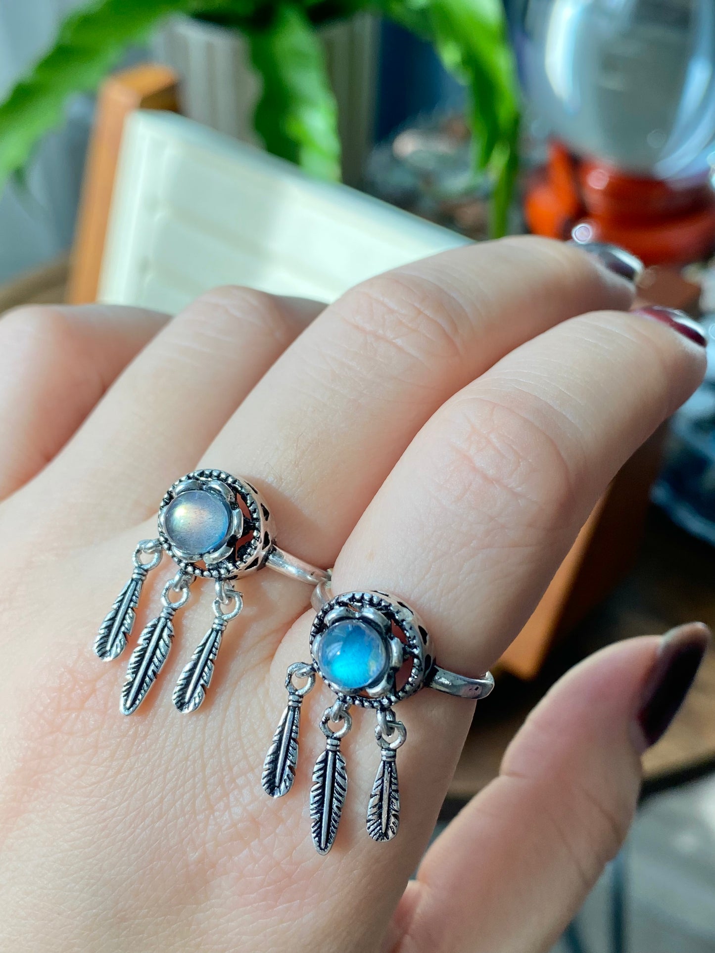 Vintage style Natural moonstone Blue Labradorite Dreamcatcher Necklace and Ring set