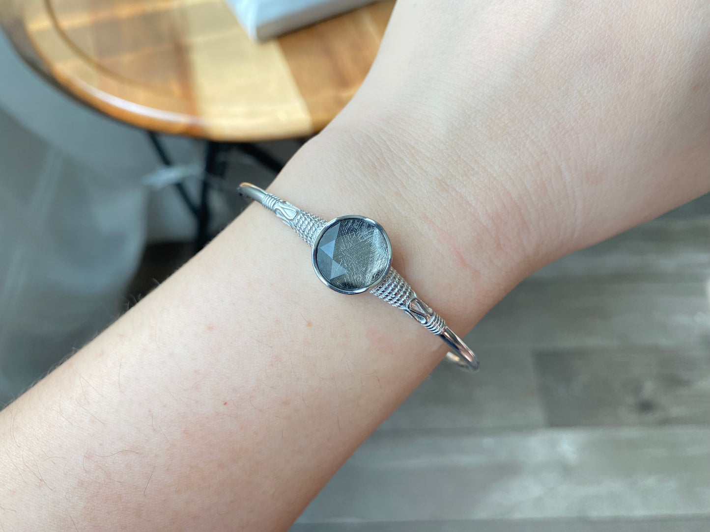Gibeon Meterite Sterling silver Lucky clover star rotate adjustable bracelet bangle,Anniversary gift for her