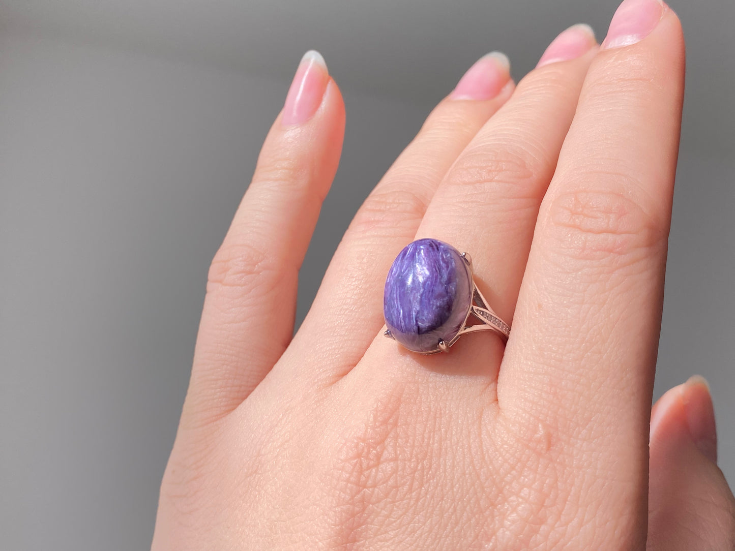 AAAAA Genuine Natural High Grade Silk Shin Purple Charoite,Cat Eyes Oval Shape sterling silver Adjustable Ring