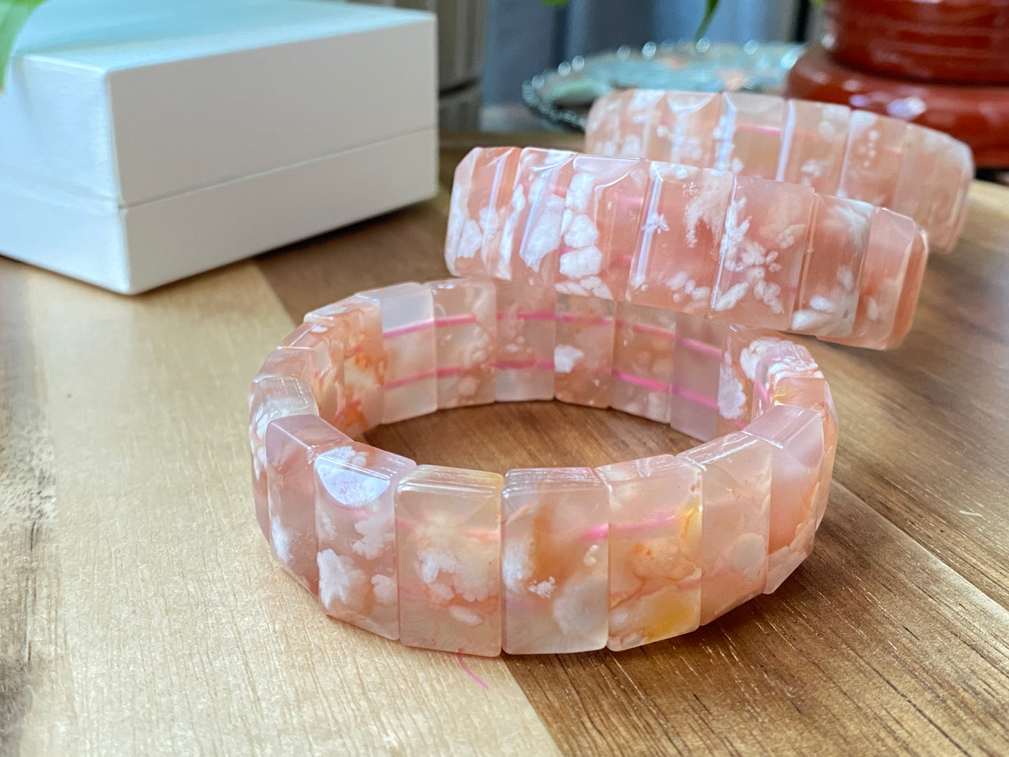 TOP Grade Nature Sakura Agate cherry blossom flower Rectangle bangle bracelet