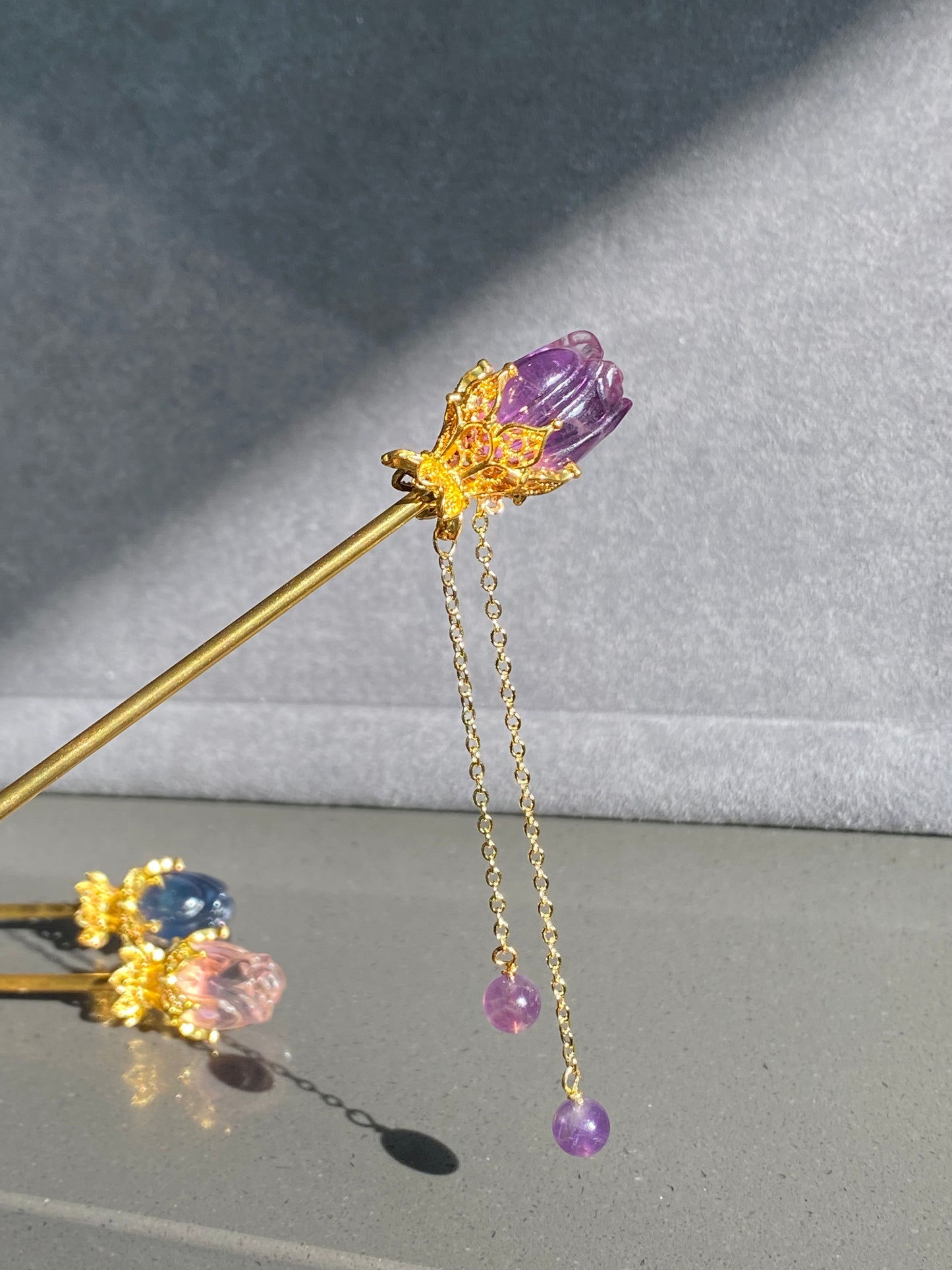 Natural FLuorite Hand craved Rose flower bud Shape Hairpin with Dangle Drop,Fluorite Crystal
