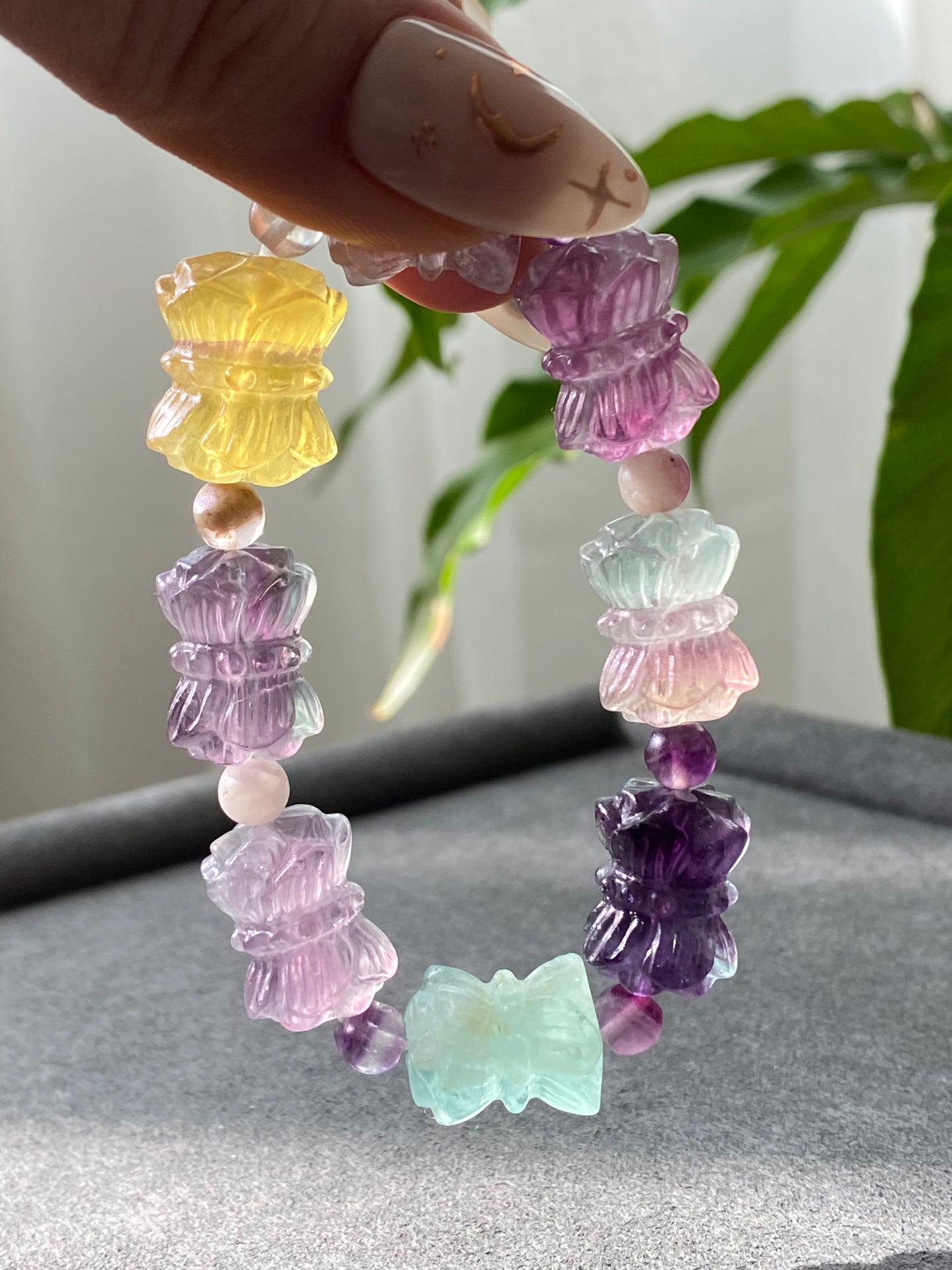 Natural Unicorn FLuorite Hand Craved twin lotus flowers on one stalk,devoted married couple Beaded Bracelet, gift for her,Valentine's Day Gift