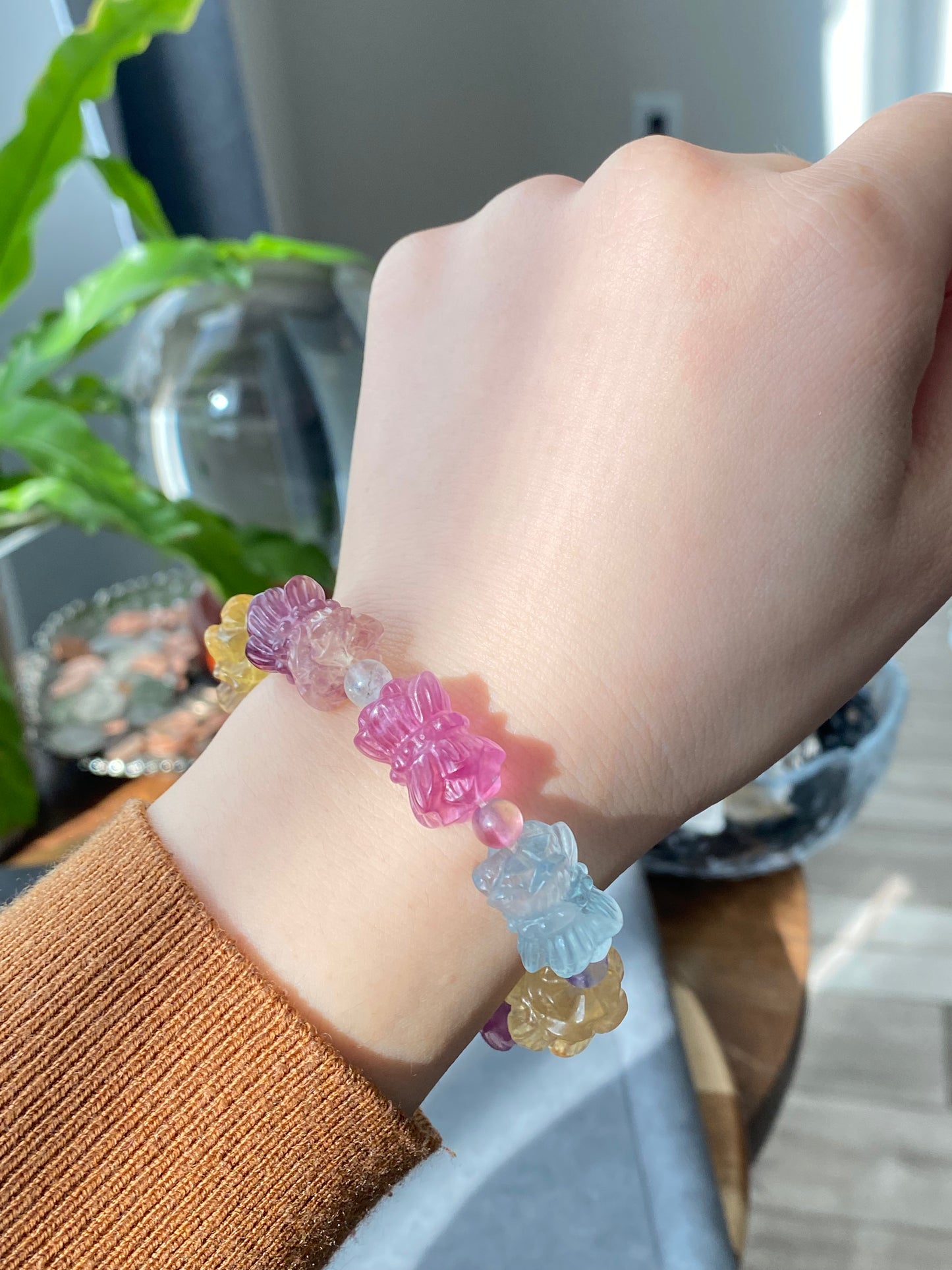 Natural Unicorn FLuorite Hand Craved twin lotus flowers on one stalk,devoted married couple Beaded Bracelet, gift for her,Valentine's Day Gift