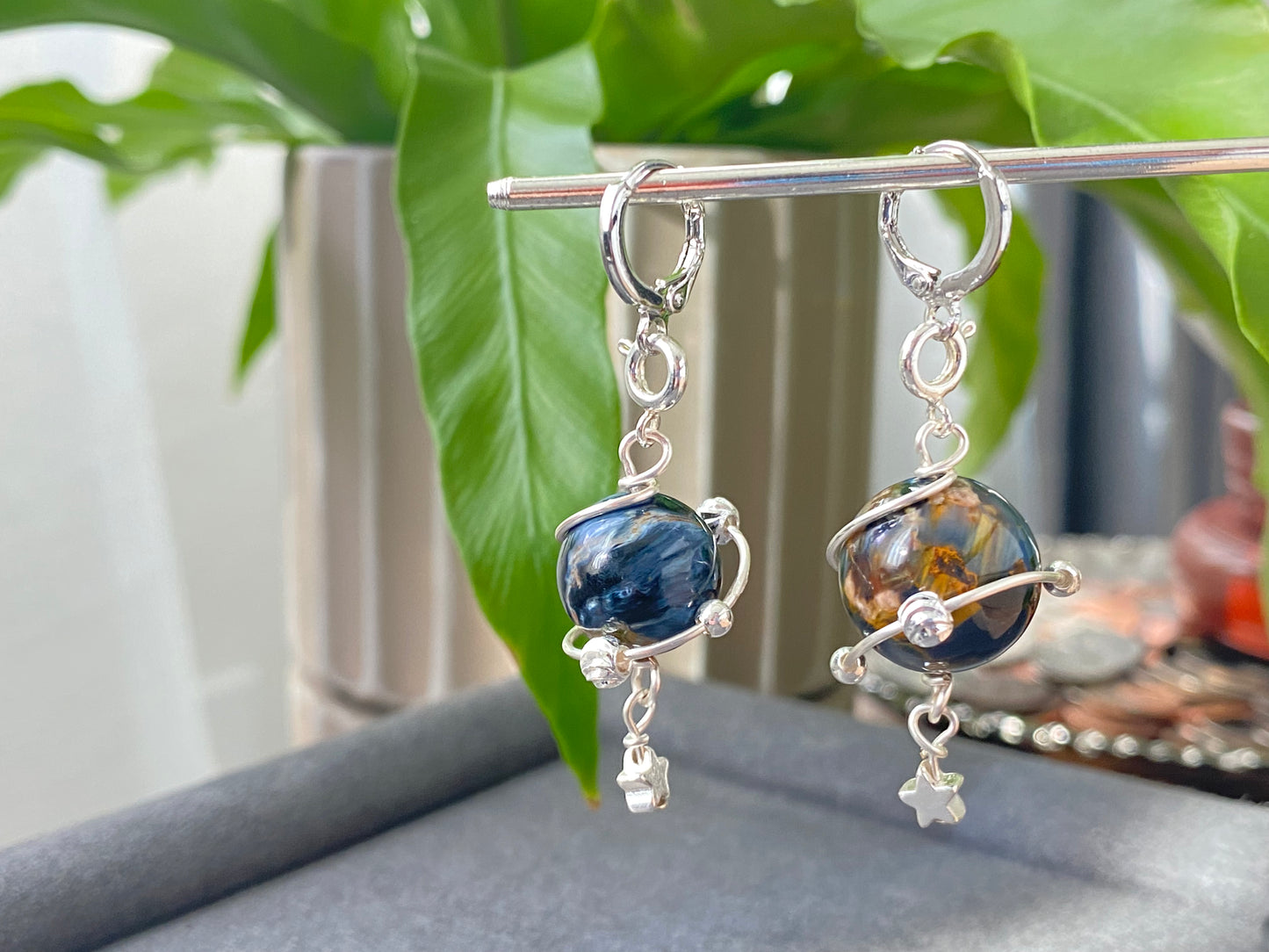 Natural High Grade Blue Pietersite flash lacy shinning Star 14K white gold wire Space planet Removable Earring Pendant