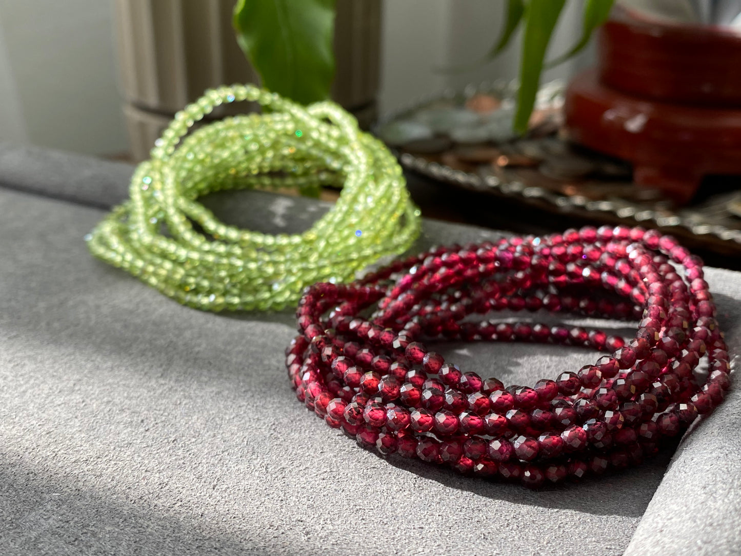 3mm+ Natural Faceted diamond Cut Gemstone,Prehnite,Garnet,super shinning Fire illuminate,Triple Wrap Bracelet,Long necklace