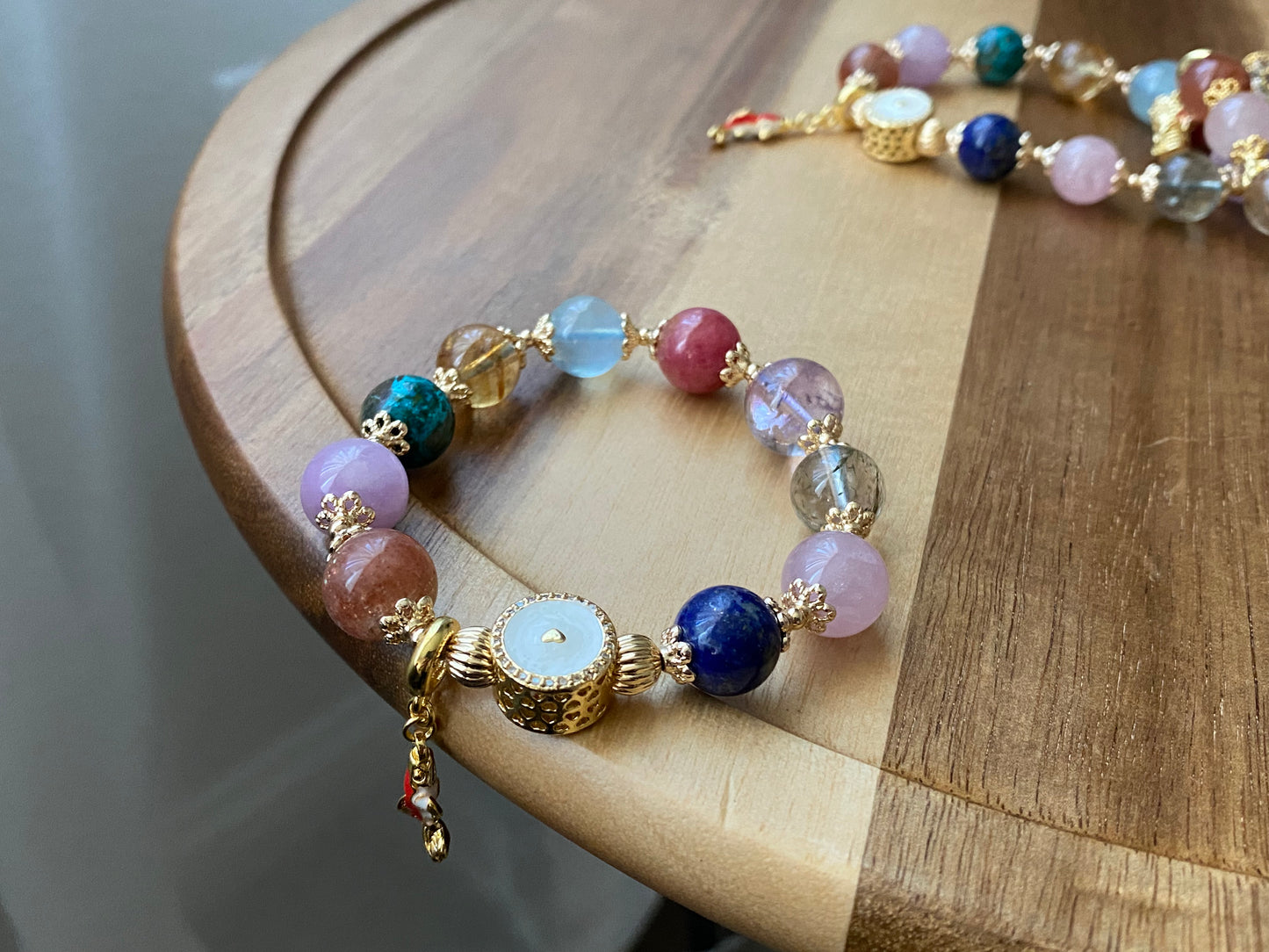 sunstone,rose quartz,Blonde crystal,Turquoise ,Amethyst,Rhodonite,Black Rutilated ,Lapis Lazuli,aquamarine all in one bracelet