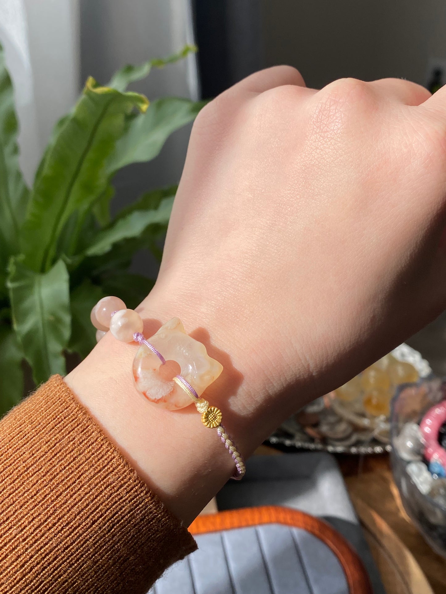 Natural Sakura Agate,cherry blossom agate hand carved hello kitty,star Donut ring braided rope Bracelet,Handmade Bracelet