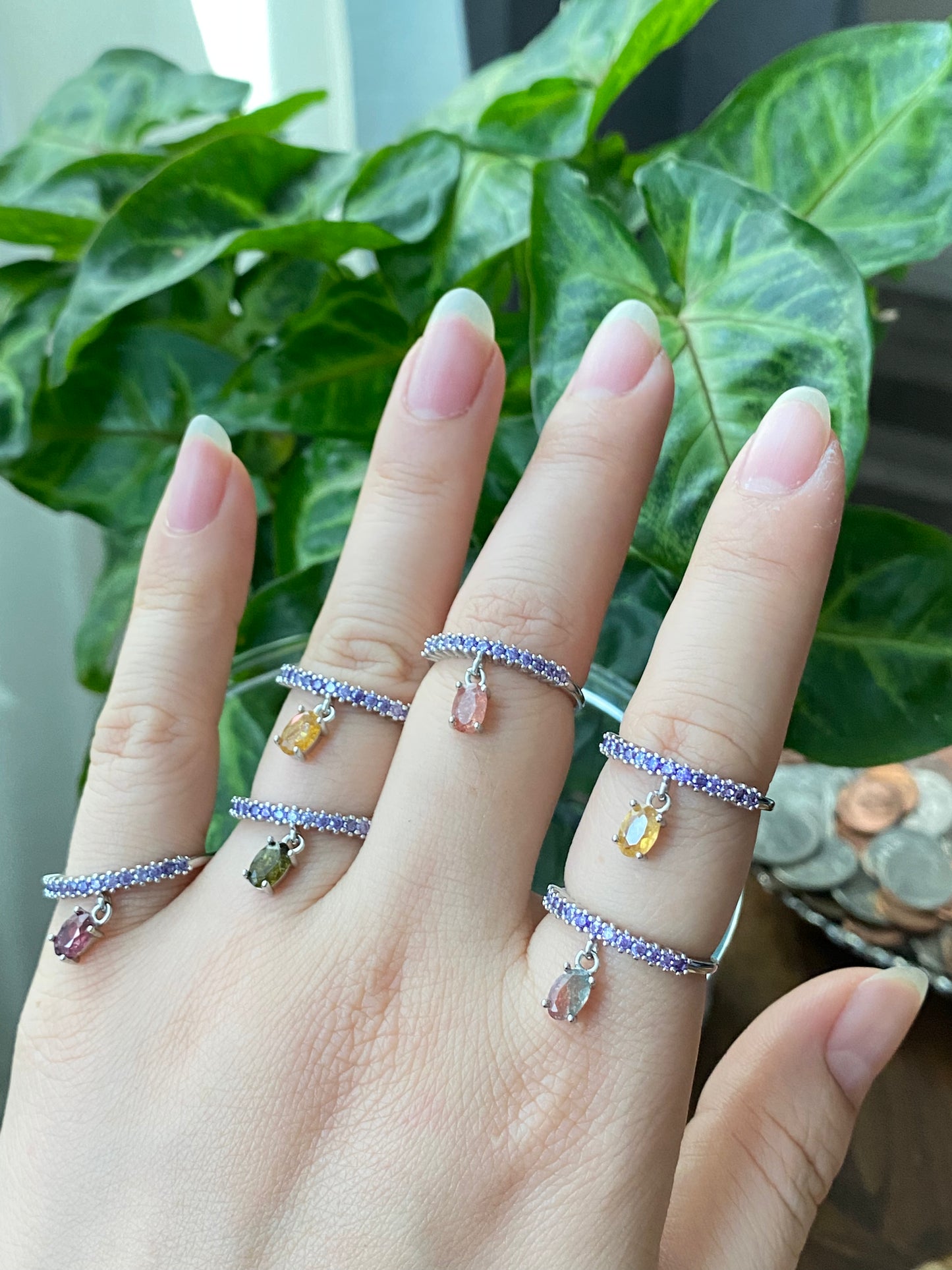 Tourmaline Emerald Cut super cute dangle zircon adjustable ring