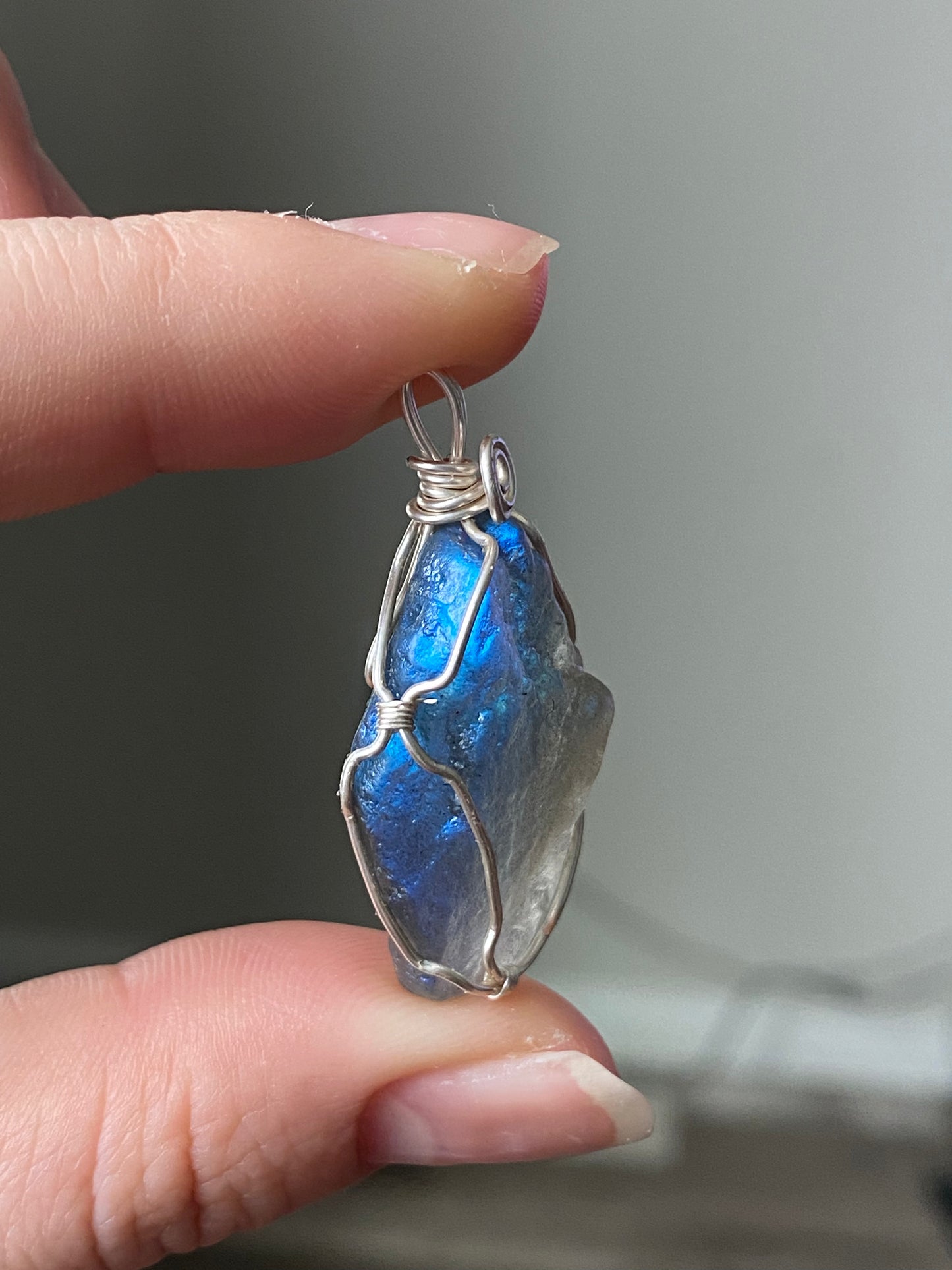 High grade Blue Fire Labradorite raw rock 14K white gold Wire Pendant, handmade pendat, gift for her, gift for him