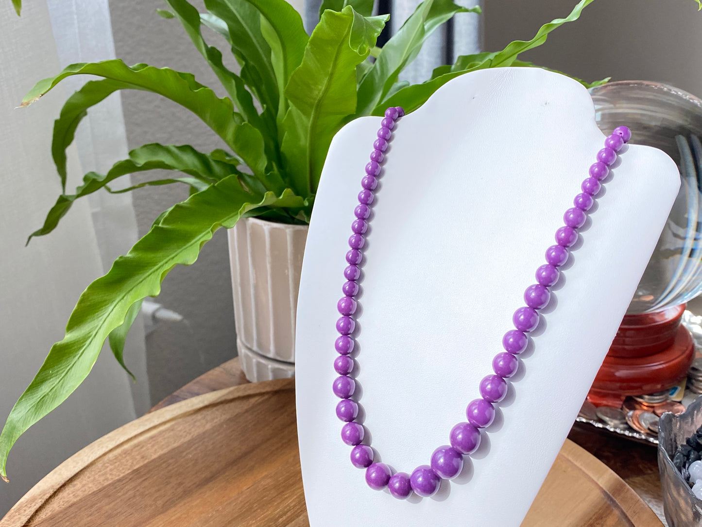 Rare High Grade Natural Royal Purple Phosphosiderite Purple Mica Polished Smoothie Round Bead Necklace