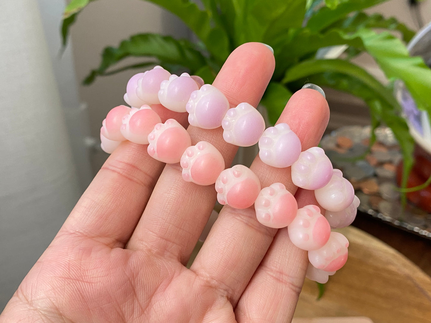 Hand Sculp Barbecue/BBQ pink purple Cat Paw Natural white Bodhi root polished Bead Bracelet 12mm+