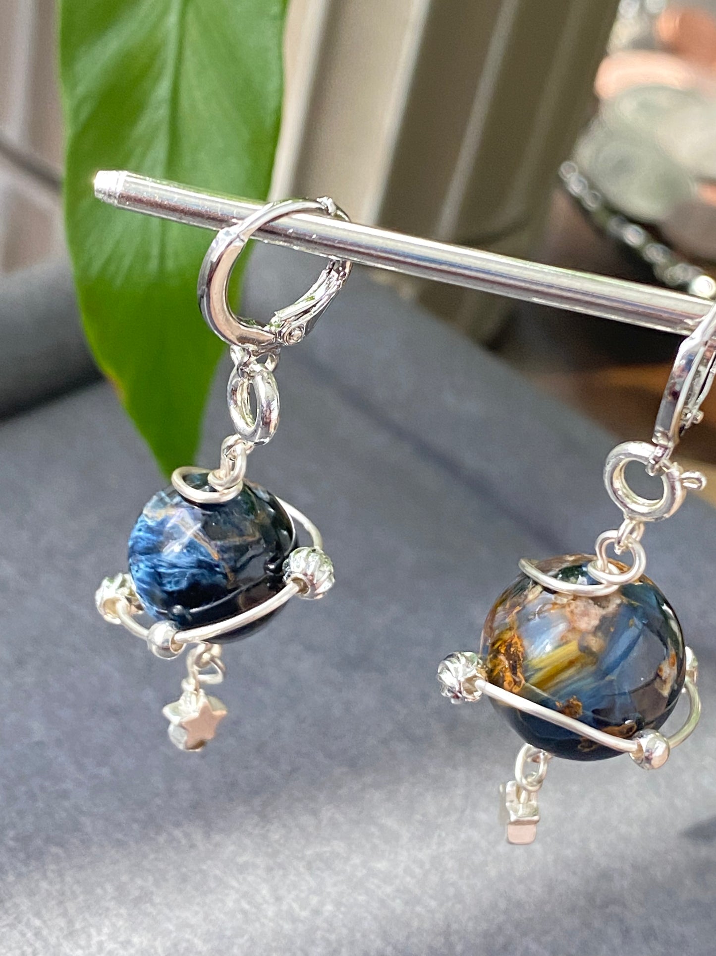 Natural High Grade Blue Pietersite flash lacy shinning Star 14K white gold wire Space planet Removable Earring Pendant